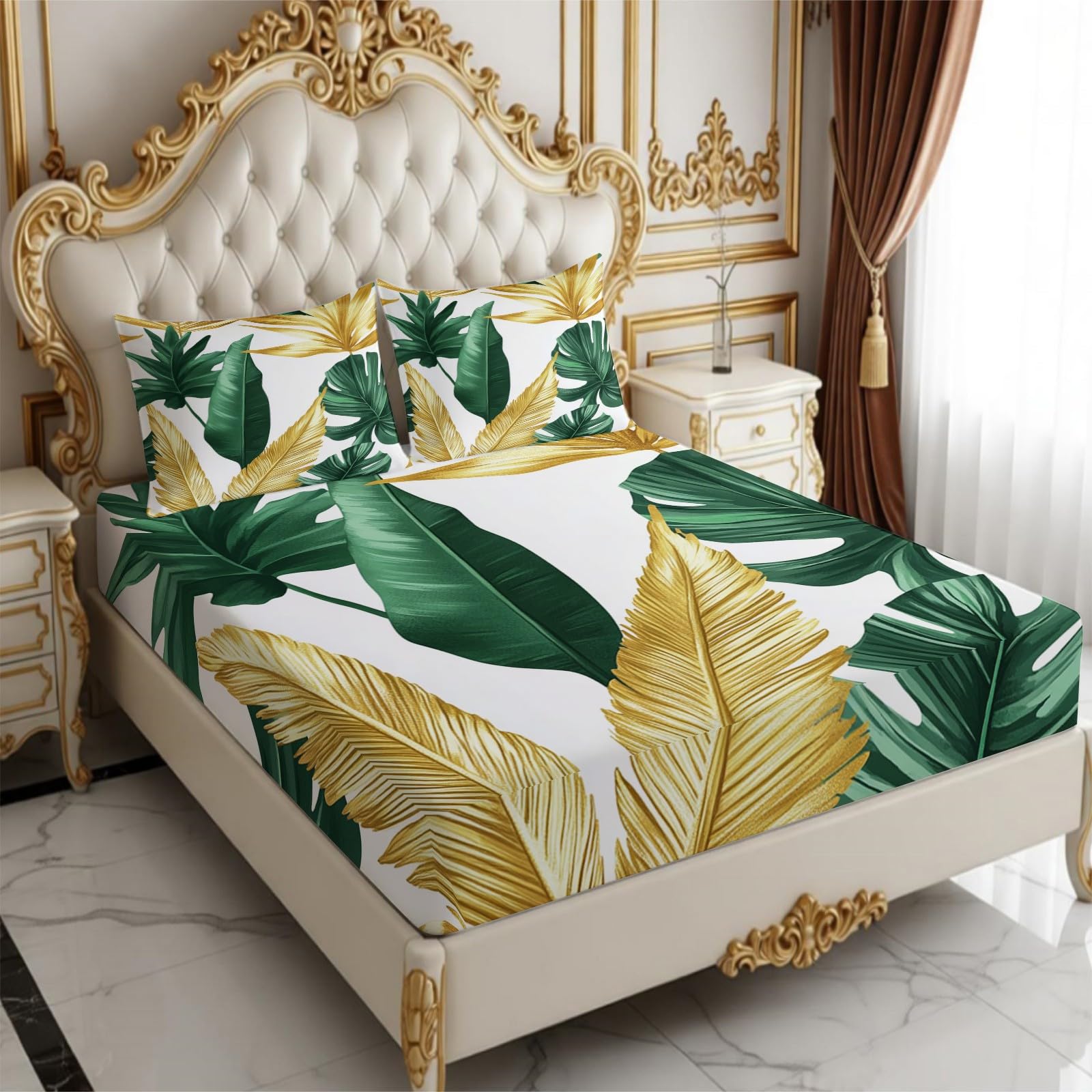 Lenzuolo con Angoli 180 x 200 cm Microfibra foglie di piante tropicali Lenzuolo Sotto Elasticizzato Profondo 25 cm oro per Singolo e Matrimoniale