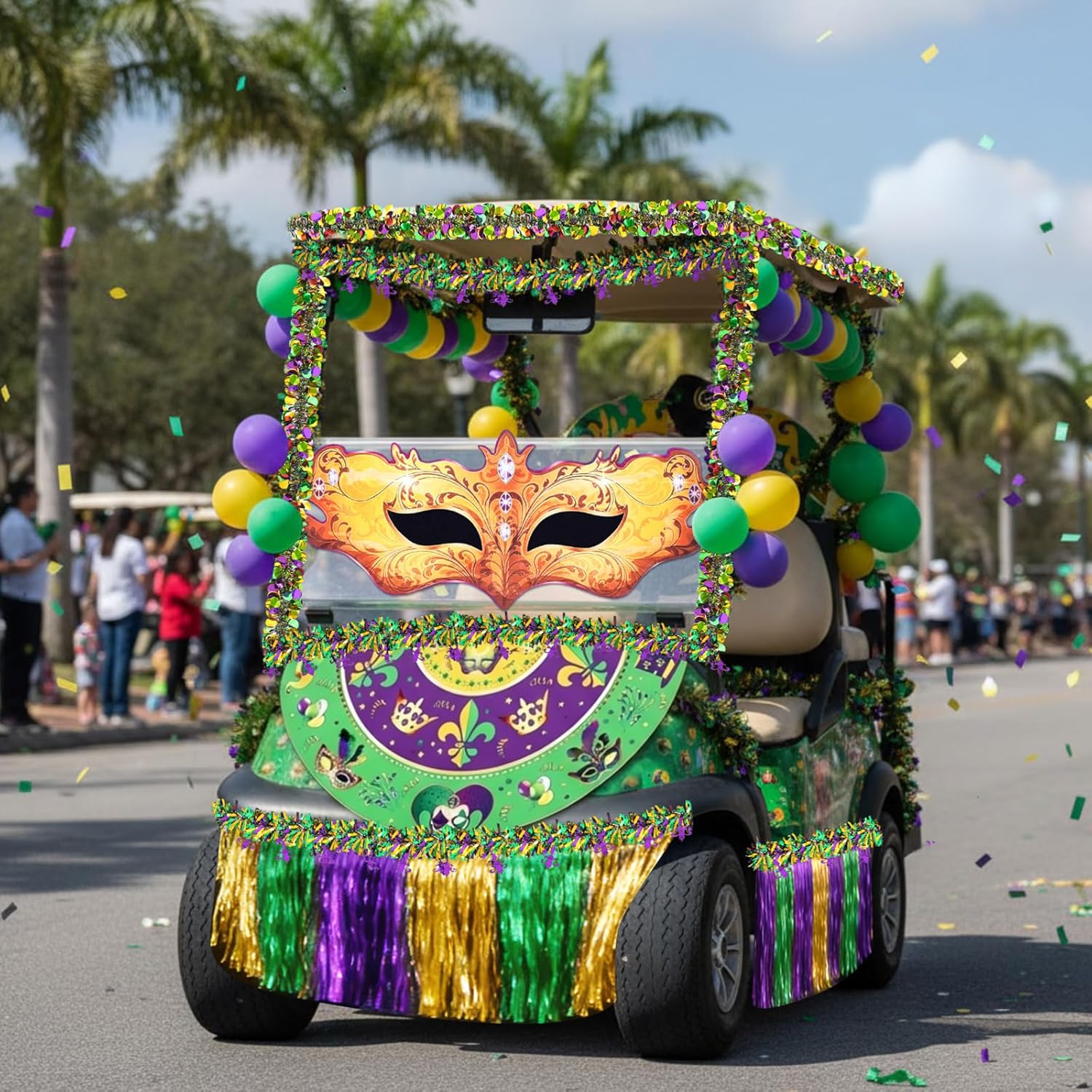68 Pcs Mardi Gras Golf Cart Parade Float Decoration Kit 60 Pcs Balloons 4 String Wire Garland 2 Banners Mardi Gras Fan Shaped Hanging Flag Cloth Mask with Flag for Golf Cart Accessories