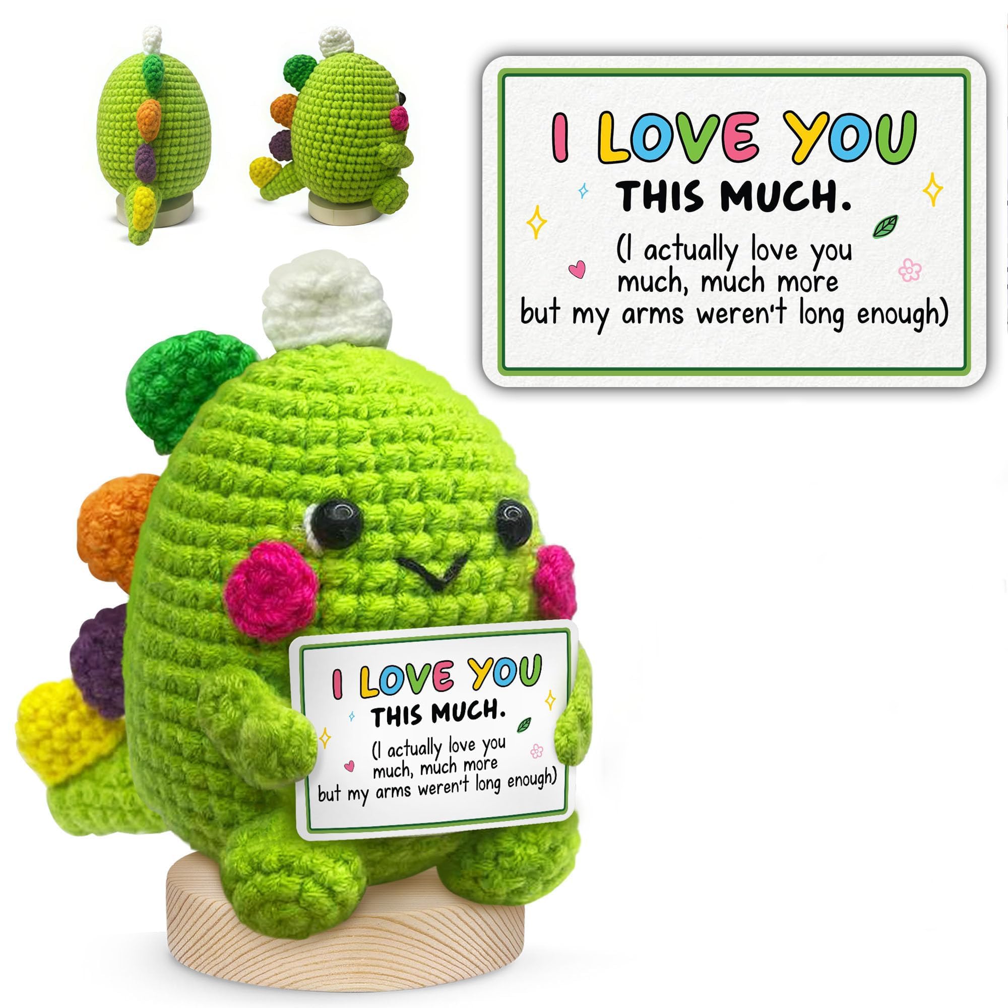 ALUNME Handmade Positive Dinosaur Crochet with 'I Love You This Much' Card - Funny Gifts for Mom Dad Anniversary - Mothers Valentines Day for Wife Husband Boyfriend Girlfriend — image 1
