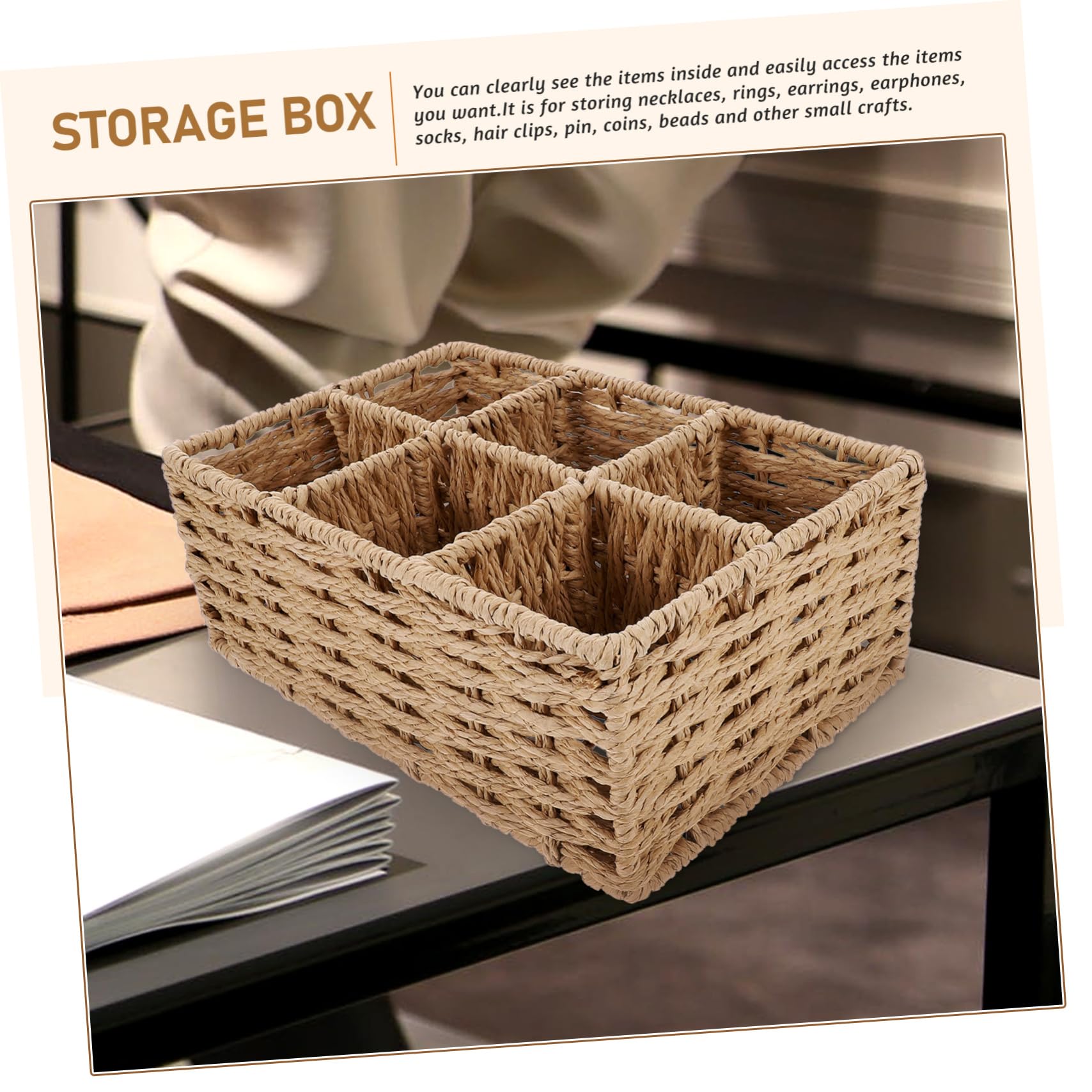 Gatuida Caja de Almacenamiento para Escritorio 6 Compartimentos Tejida Beige Organizador Práctico para Artículos para Hogar y Oficina