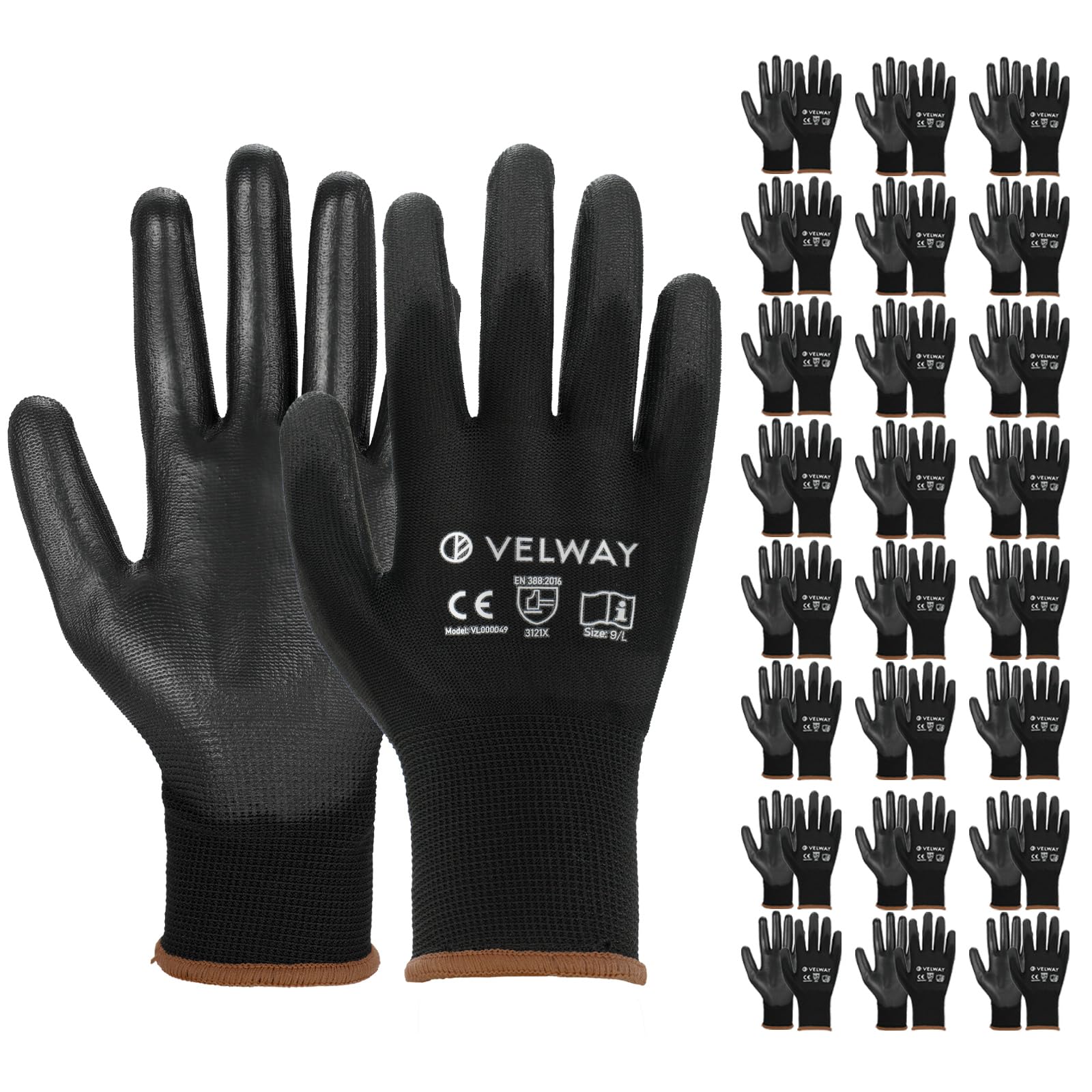 Velway 24 Pairs Safety Work Gloves PU Coated Secure Grip, Black, Size 9/L
