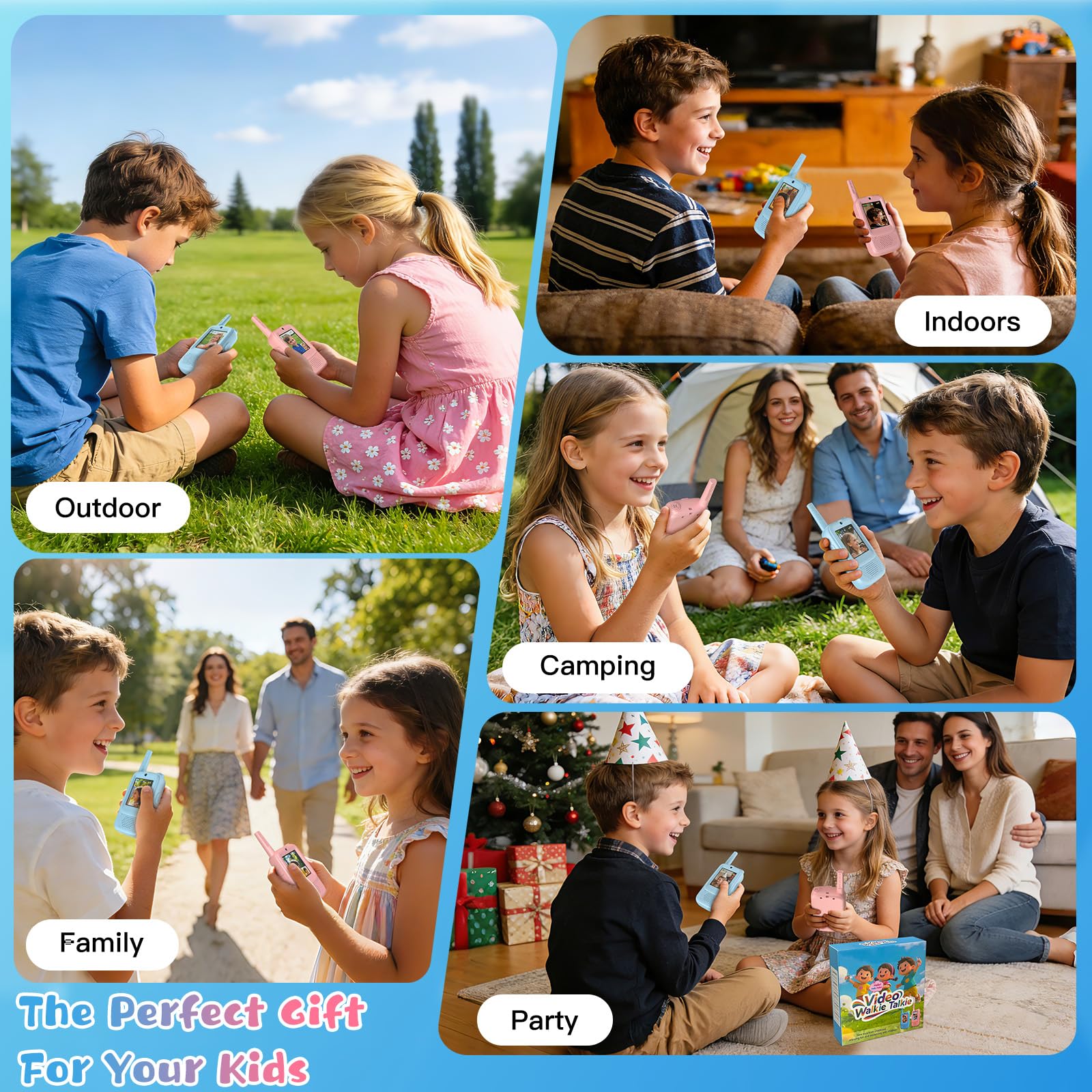 ZealSound Talkie Walkie Enfant Vidéo, Lot de 2 Rechargeables, 3 Effets Vocaux, Portée 200–300 m, Jouet Outdoor pour Filles et Garçons 3–12 Ans, Camping, Jardin, Cadeau Enfant, Q8 Bleu/Rose