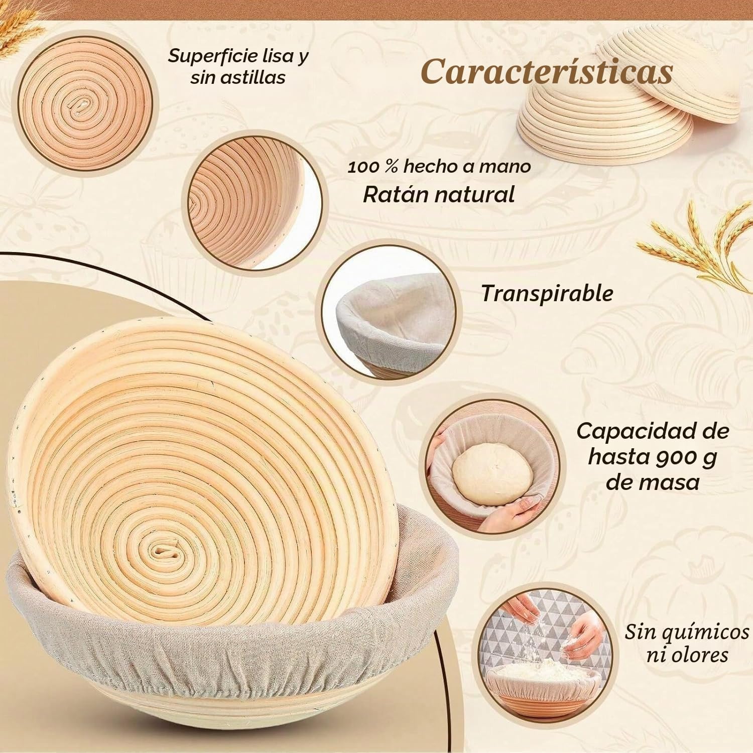 6 Cestas de fermentación redondas de mimbre, 6 pulgadas para pan | Mimbre natural, para masa de pan, fermentación artesanal de panadería