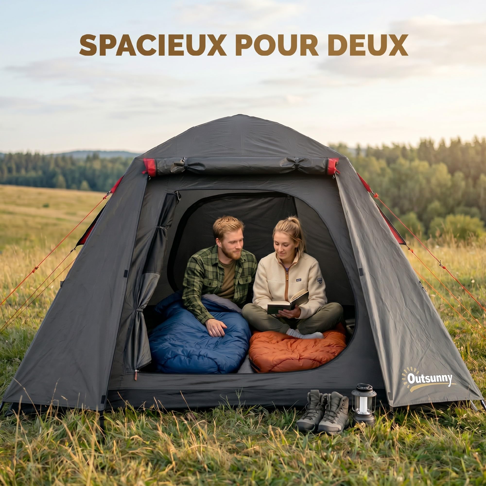 Outsunny Tente de Camping Dôme 2 Personnes Imperméable 3000mm Gris Foncé | 3-4 Saisons, Grande Hauteur 150cm, Montage Rapide, 2 Portes, Abri de Bivouac Autoportant, 22 Piquets