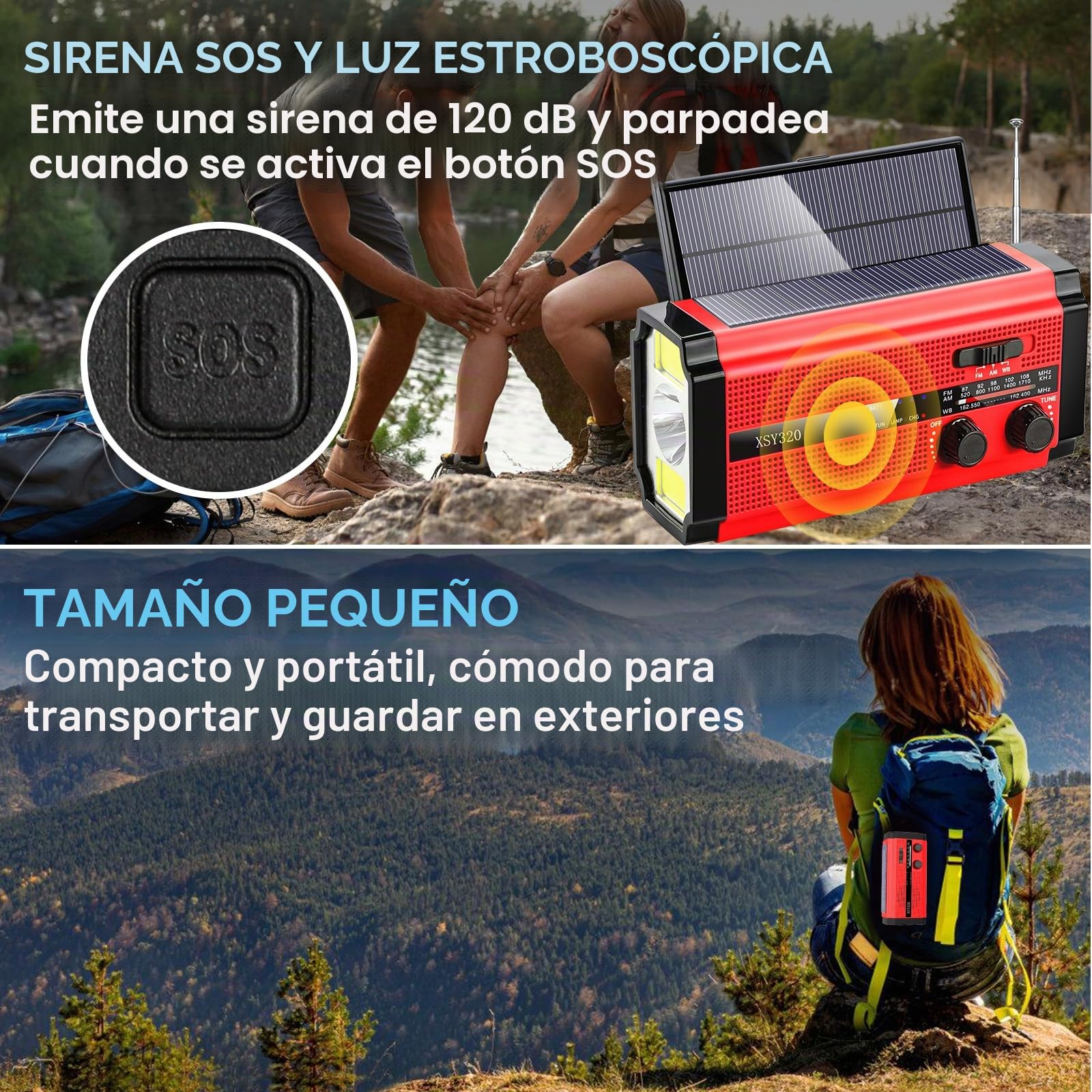 Radio de alerta meteorológica NOAA de emergencia, manivela solar portátil SW/AM/FM, batería reemplazable, reloj SOS alarma y linterna para el hogar al aire libre (clásico, rojo)