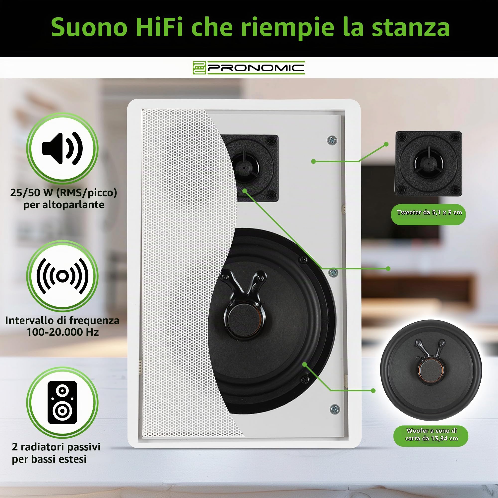 Pronomic FLS-540 WH Coppia Diffusori Flatpanel da Parete Box bianco 2x Set | Diffusori HiFi 2 vie Panel, Ideali per un’elegante installazione fissa a parete, Suono bilanciato, Impedenza: 8 Ohm, 9x3 mm)