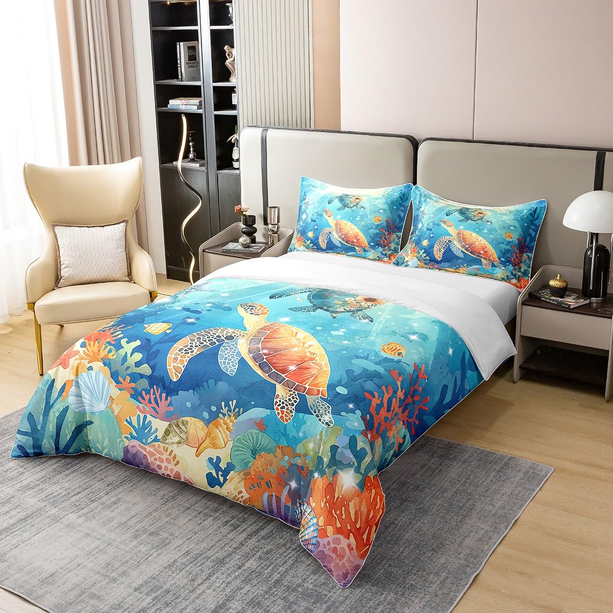 Homemissing Meeresschildkröte Bettbezug Set Ozean Blau Baumwolle Bettwäsche Set 135x200cm für Jungen Mädchen Teilbereich Küste Betten Set Atmungsaktiv Sommer Urlaub Bettdeckenbezug Dekor Tier