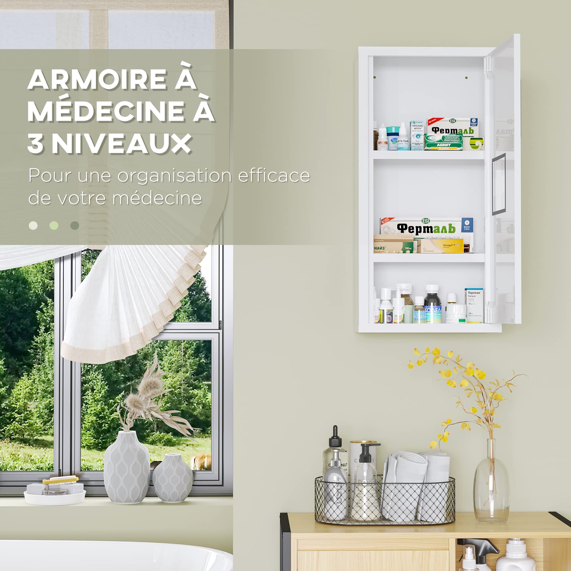 kleankin Armoire à Pharmacie Armoire à médicaments Murale 2 étagères 3 Niveaux avec Porte aimantée métal 30 x 12 x 60 cm Blanc