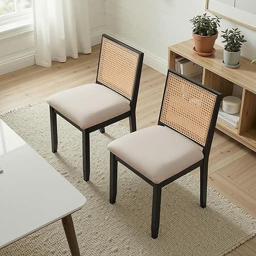 Rattan Dining Chairs Set of 2, Modern Upholstered Armless Cane