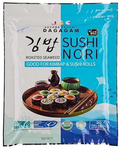 DAGAGAM Sushi Nori orgánico, algas tostadas dos veces, 50 hojas, producto de Corea, USDA, vegano, sin OMG, sin gluten, fibra dietética
