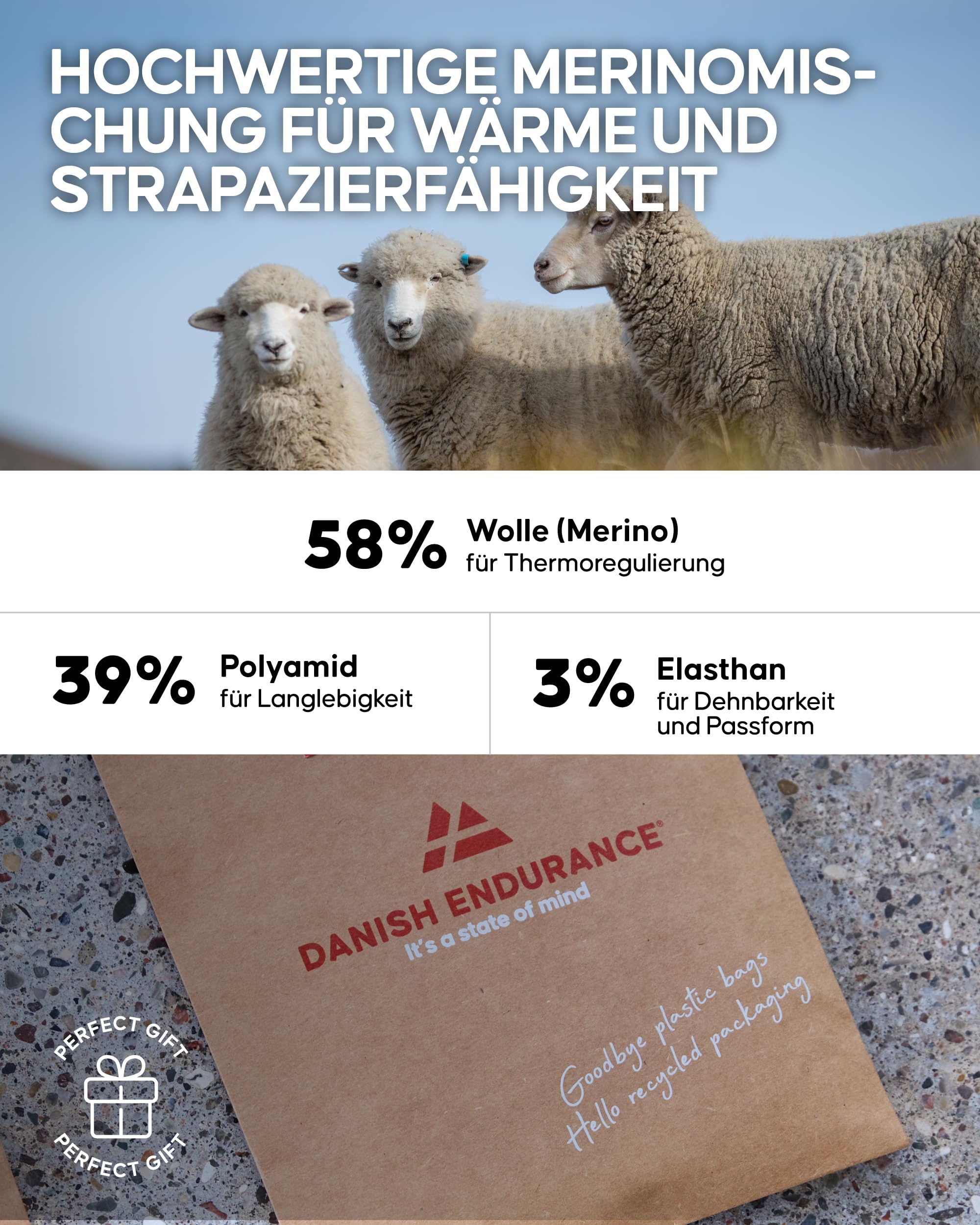 DANISH ENDURANCE Merino Liner Wandersocken, Unterziehsocken, Anti-Blasen Socken, Leicht & Enganliegend, Herren & Damen, 2 oder 4 Paar