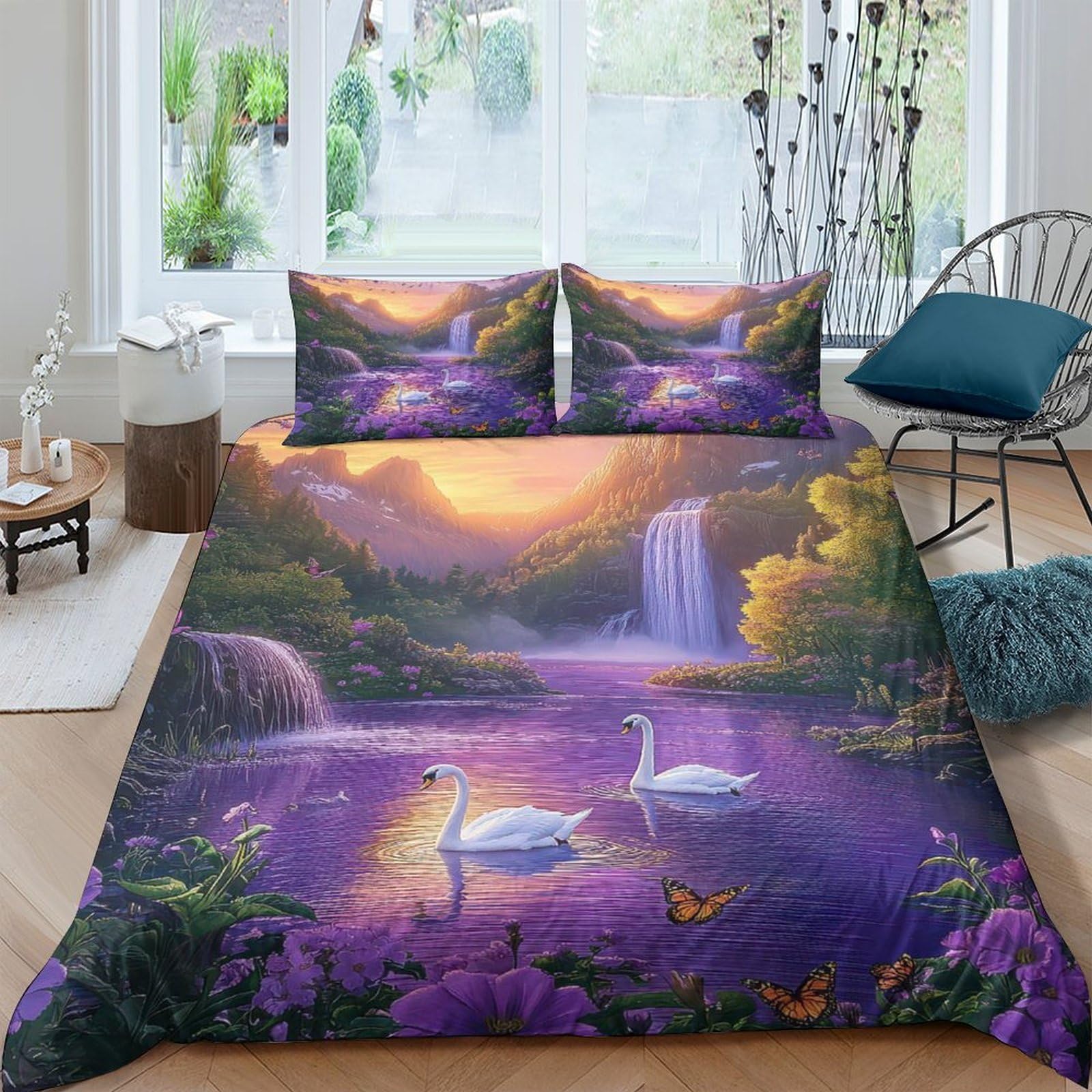 Ctjqhvkz Style-1 3D Printed Sunset Waterfall Fitted Sheet Microfiber Swans Lake Mattress Cover For Bedroom Dorm Machine Washable Single（135X200cm）