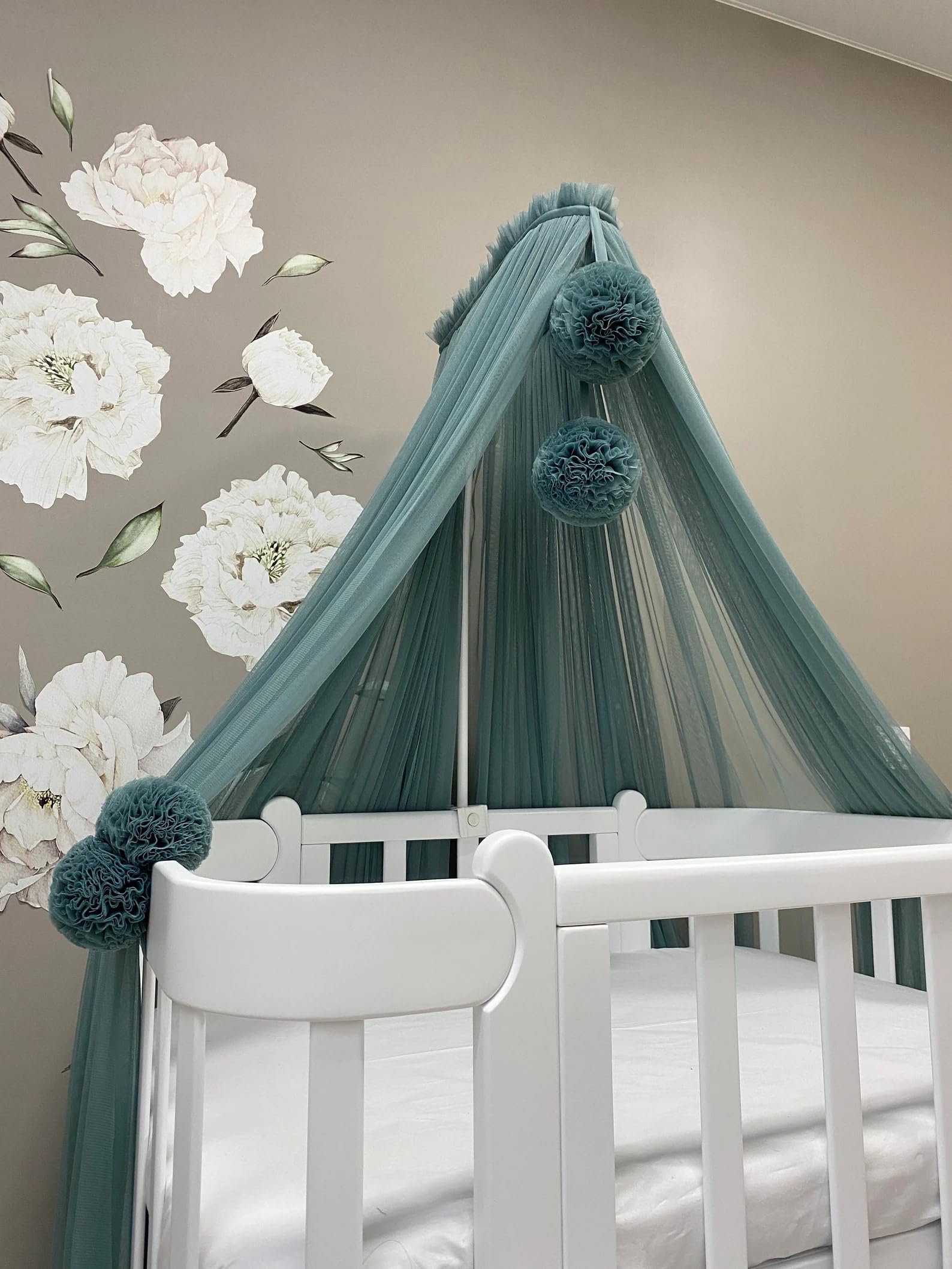 Tenda Baldacchino per lettino o culla cameretta dei bambini, Telo decoro tenda cameretta dei neonati, Tule zanzariera per letto in tule (Pine Green)