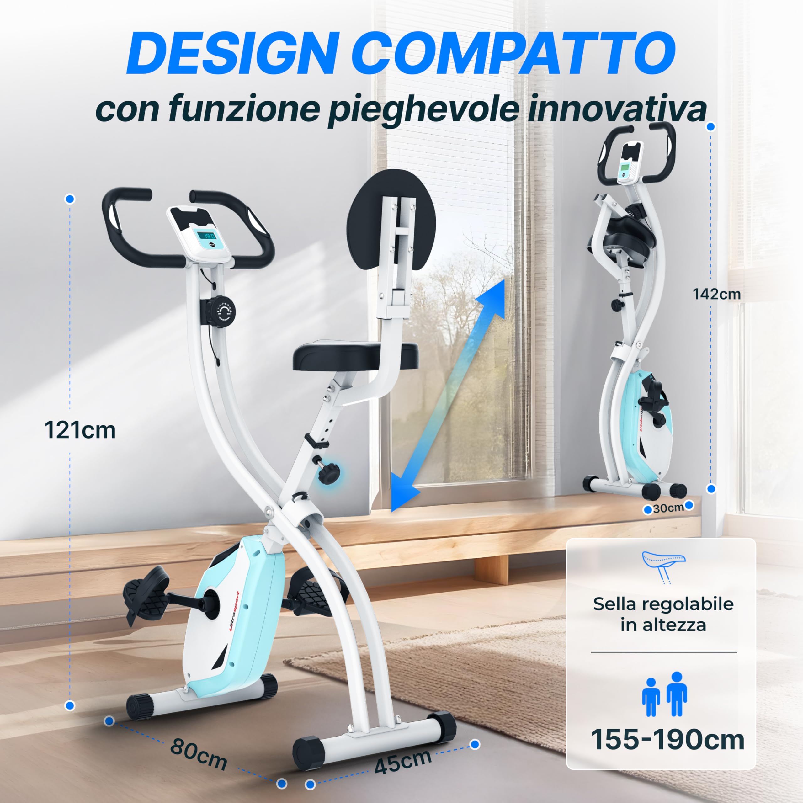 Ultrasport F-Bike Cyclette da Casa Pieghevole I Cyclette Pieghevole da Casa fino a 130 KG con Sella Extra Confortevole, LCD Display e Sensori delle Pulsazioni, Cyclette da Camera