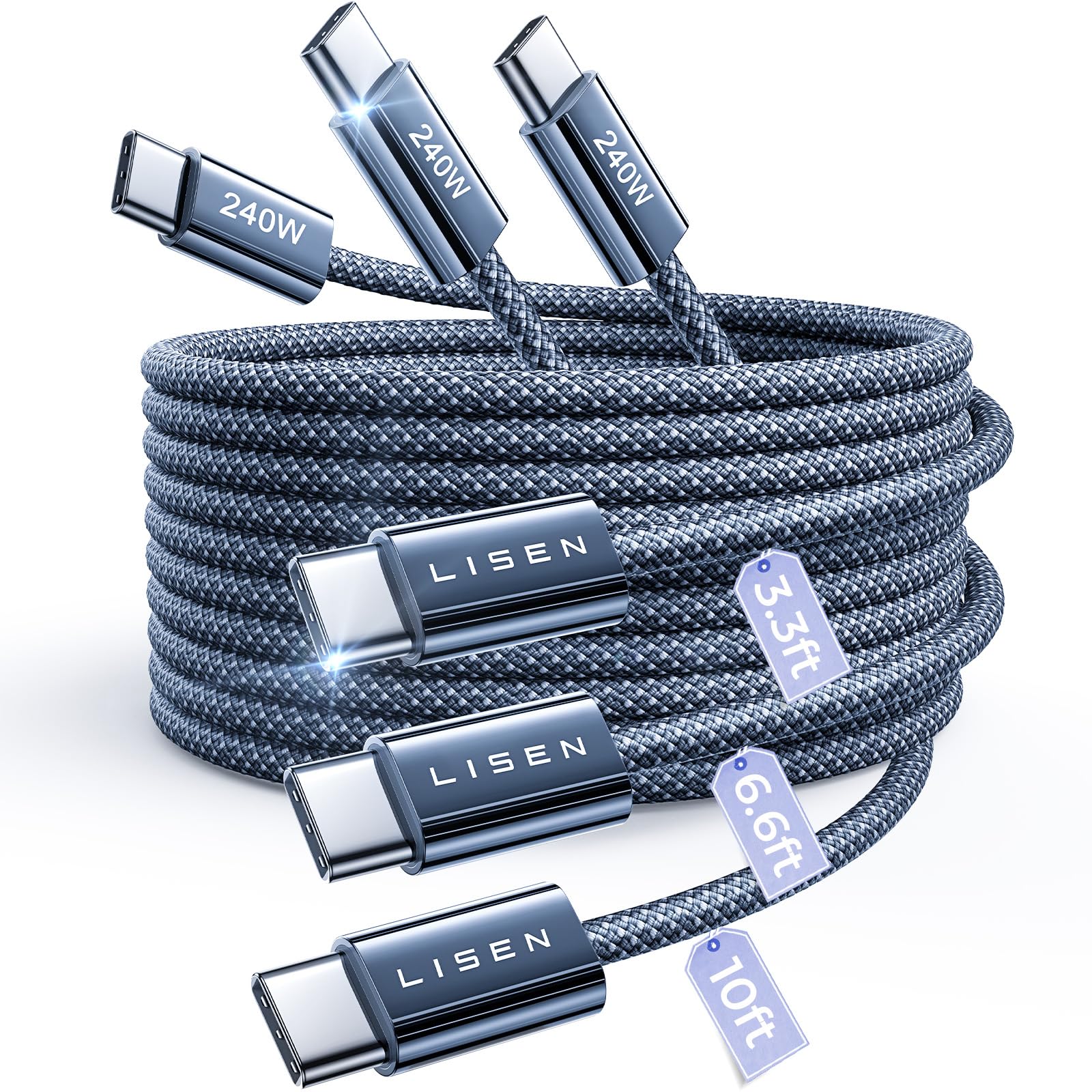 LISEN 240W USB C Kabel, [3 Stück 1M+2M+3M] PD3.1 Schnellladekabel USB C auf USB C Kabel, USB C Ladekabel für MacBook Air/Pro M5, iPad Air/Pro, iPhone 17 16 Serie,Midnight
