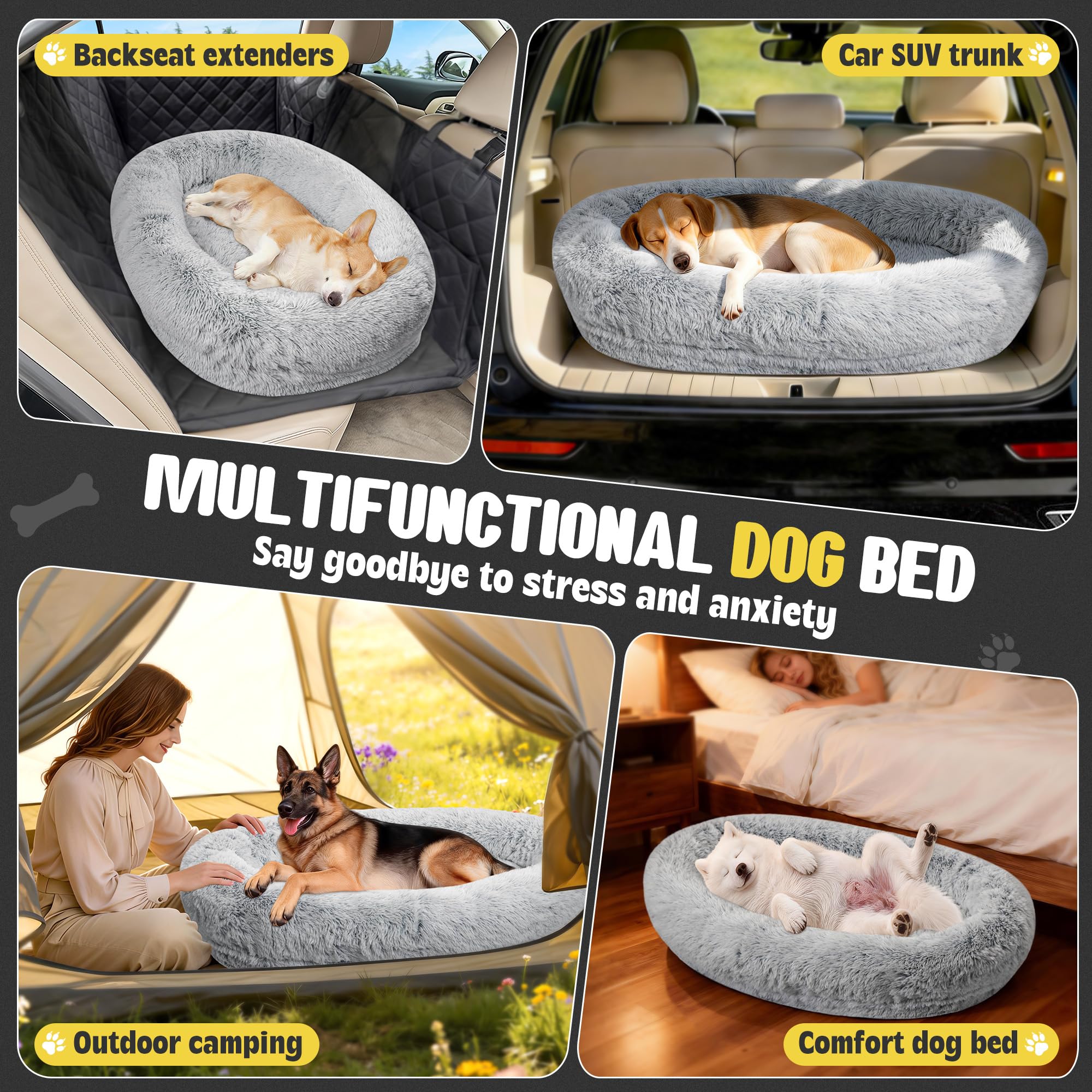 Loiion Premium Plush Orthopedic Car Dog Bed for Large Dogs, Dog Car Bed with Waterproof Liner & Non-Slip Base | Washable Faux Fur Travel Bed for SUV/Sedan Backseat (Light Grey, Medium) - image 8