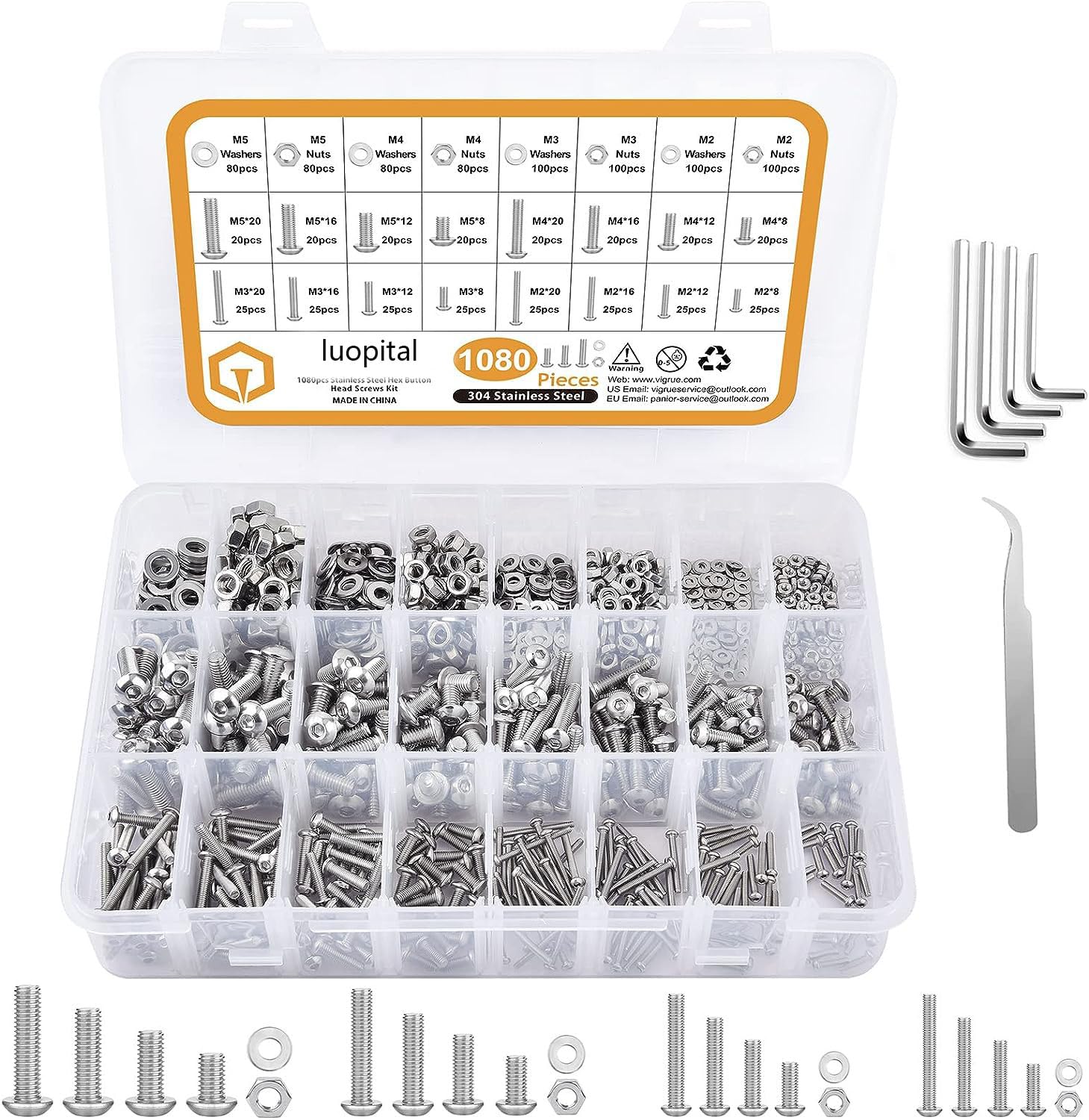 luopitai 1080 PCS M2 M3 M4 M5 Hex Socket Flat Head Countersunk Bolts Screw Nut Assortment Kit - 304 Stainless Steel