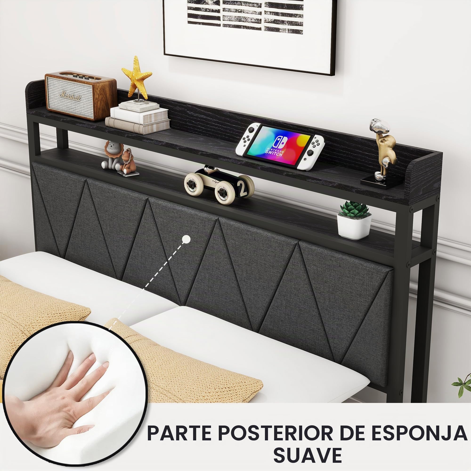 Estructura de cama tapizada de 120 x 200 cm, marco de cama doble con LED y estación de carga, marco de cama con espacio de almacenamiento, cama juvenil, cama de invitados con cabecero