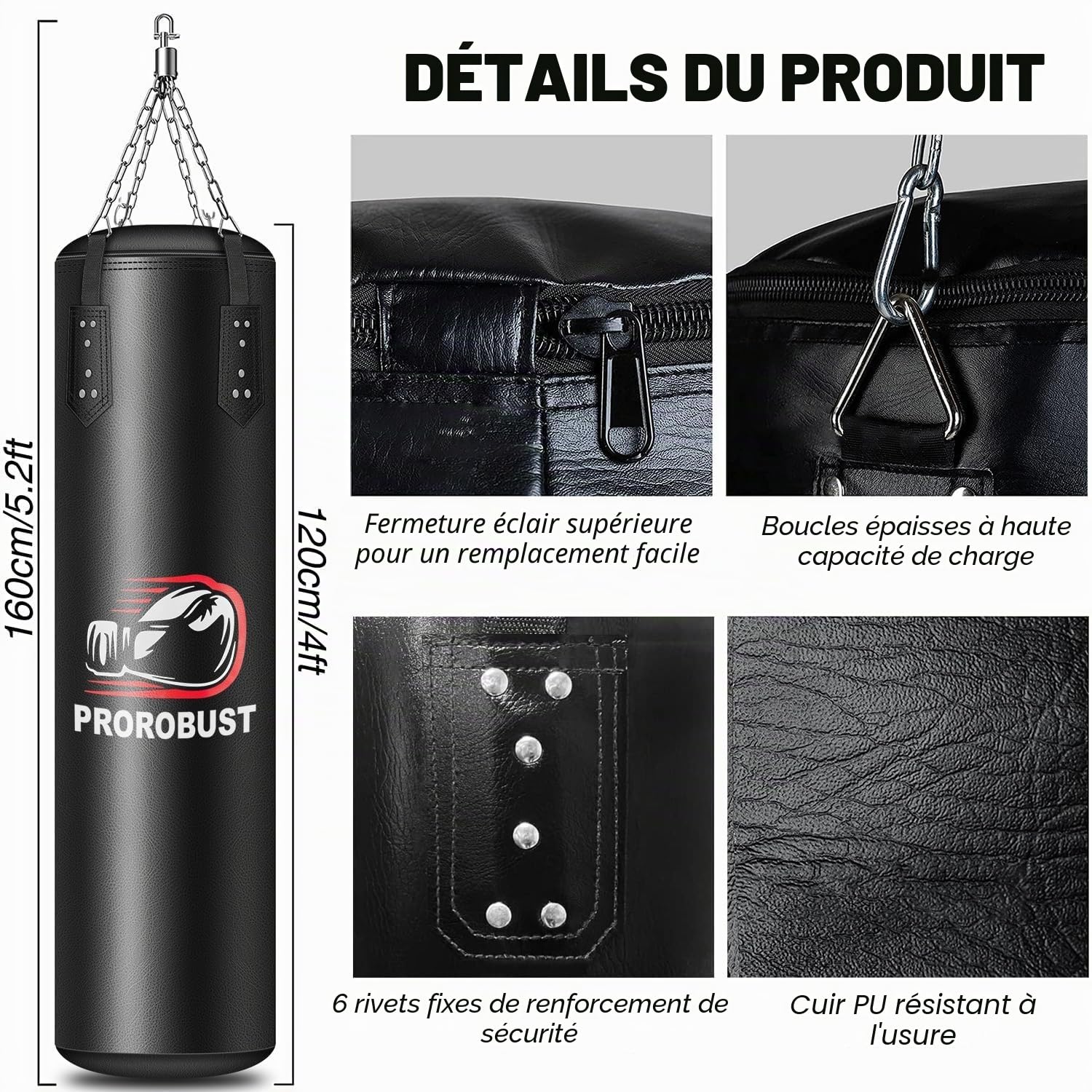 Sac de Frappe pour Adultes, 1,2 m PU Lourd Sac de Boxe Ensemble avec Gants de 340,2 g pour MMA, Kickboxing, Boxe, karaté, entraînement à la Maison