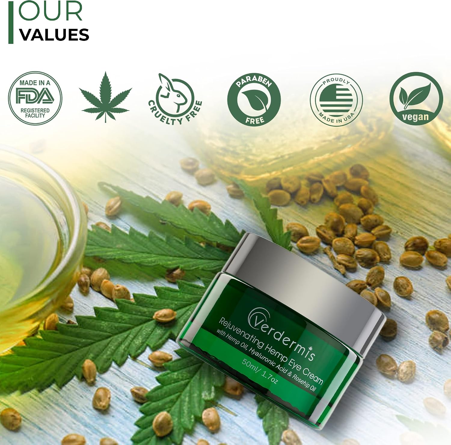 Verdermis Rejuvenating Hemp Eye Cream with Hemp Oil, Hyaluronic Acid, Rosehip Oil, and Vitamins. Minimizes Wrinkles, Puffiness, Fine-Lines, and Crow’s Feet around the eyes - Image 3