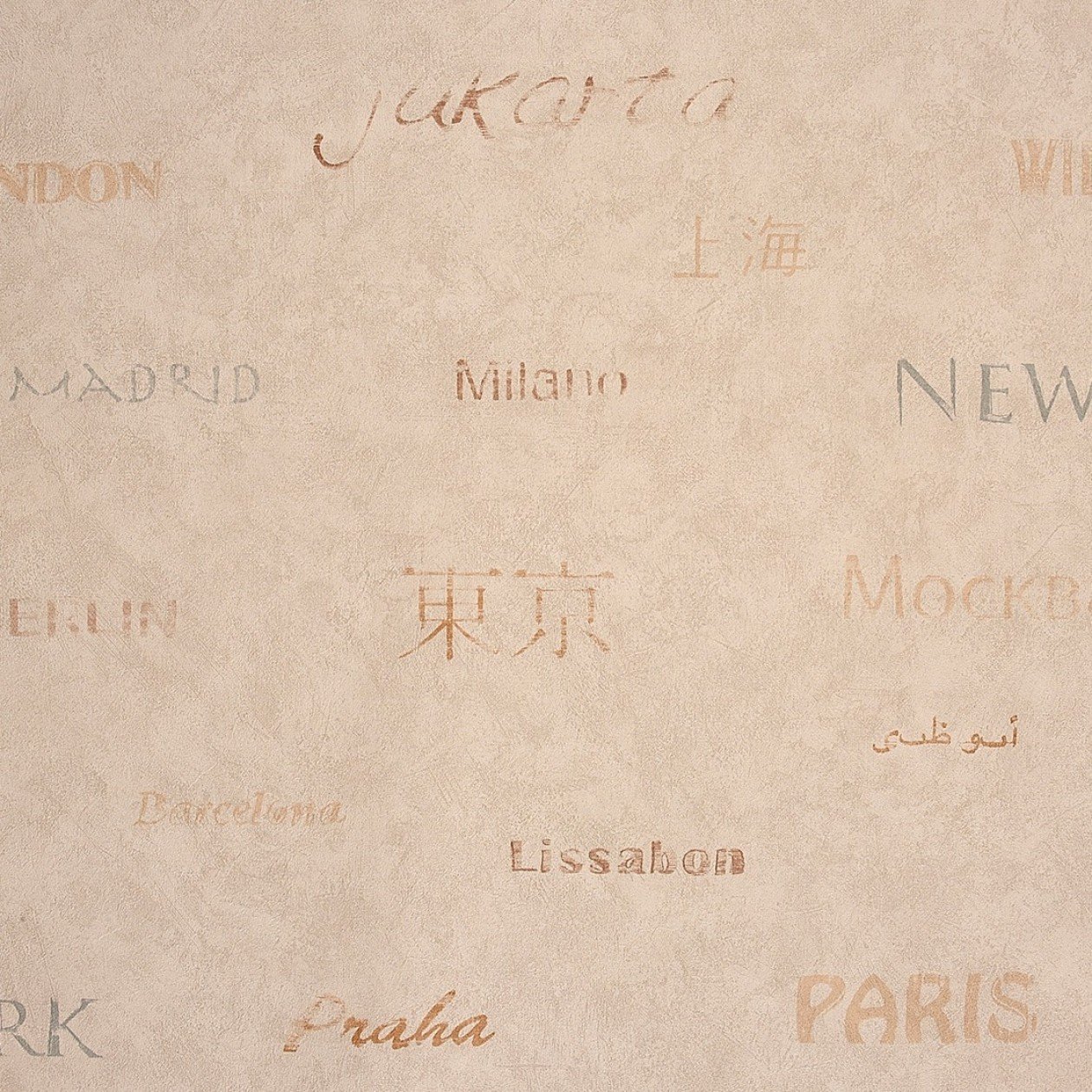 Caselio Tour Du Monde 60442002 Letters in Blue Tones, Toasted Ochre and Land with Background Wallpaper – Tones Stone