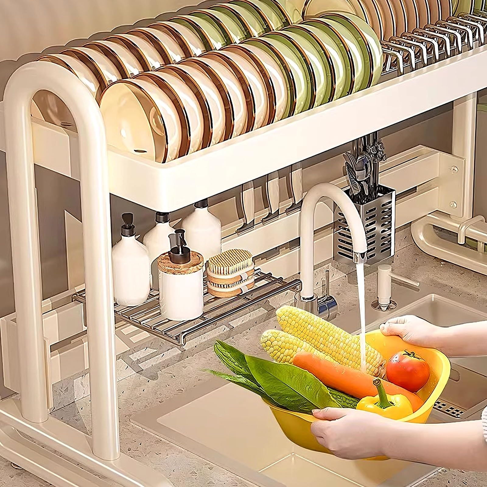 Escurreplatos de acero inoxidable blanco con patas de ventosa, transpirable y resistente, para encimera (95 x 32 x 55 cm), ideal para artículos esenciales de cocina