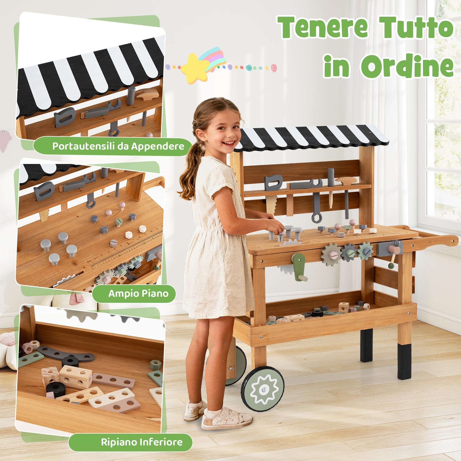 RELAX4LIFE Banco da Lavoro in Legno per Bambini, Carrello 2 in 1 con Attrezzi, Tettuccio e Ruote per Gioco all'Aperto, Set da Lavoro, Giocattolo per Officina da Costruzione per Bambini 3+ Anni