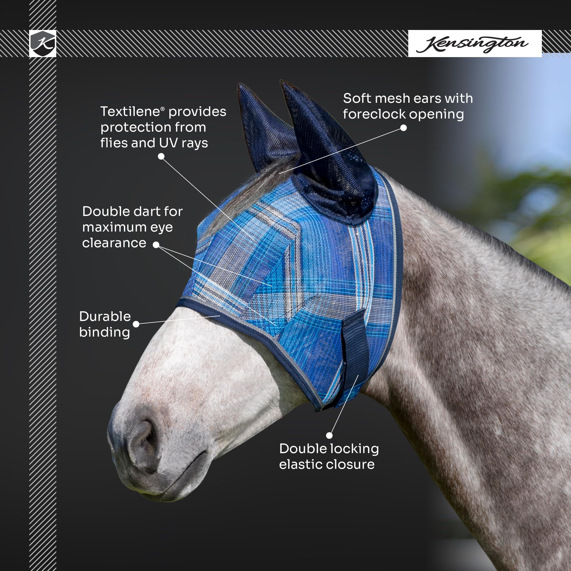 Kensington - Máscara antimoscas con ribete de forro polar para caballos, protege la cara y los ojos, ayuda a bloquear los rayos del sol mientras permite una visibilidad completa, transpirable y no