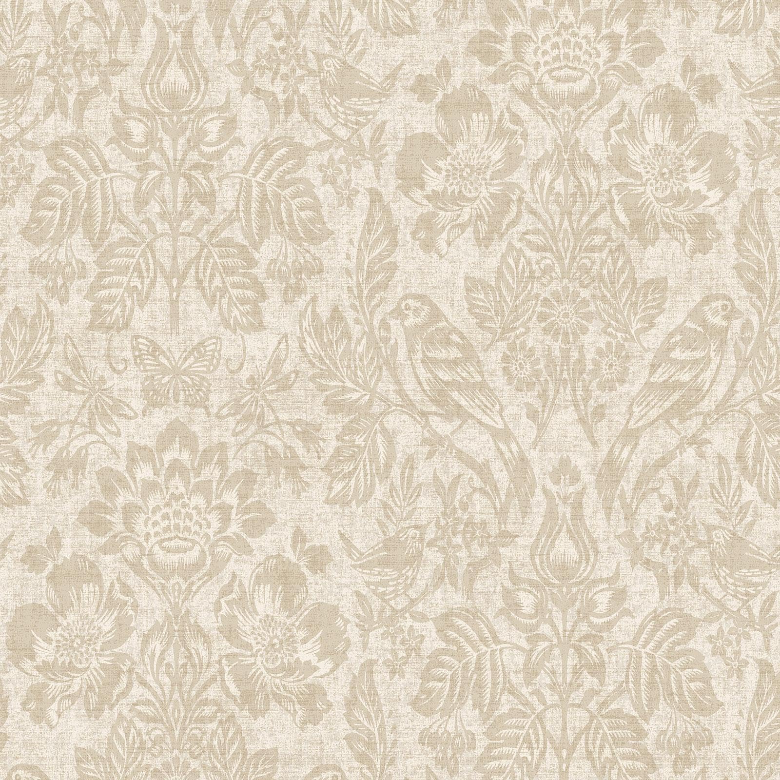 Holden Decor Hawthorn Meadow Wallpaper - Neutral Floral Damask with Birds - Cream - FSC Certified