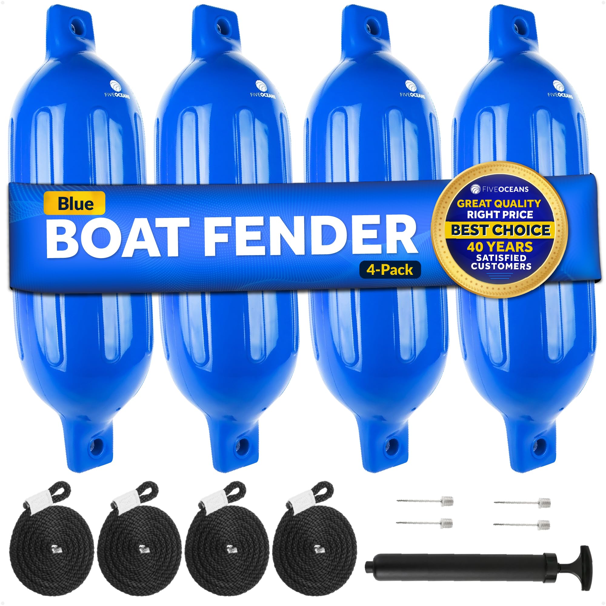 Five Oceans Twin Eye Ribbed Boat Fender Kit, Inflatable Boat Bumpers for Docking with Fender Lines 3/8-Inch x 5Ft, Multiple Size