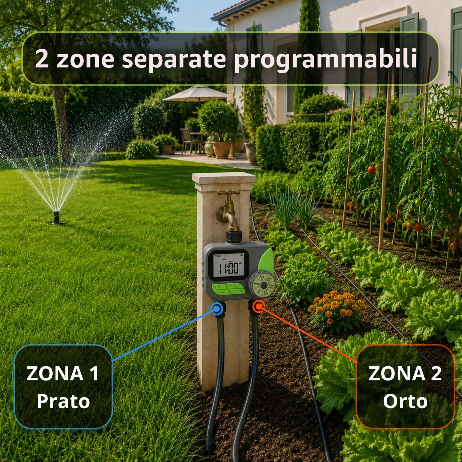 domyno Timer Irrigazione 2 Uscite Centralina Programmatore 2 Vie Temporizzatore irrigatore, funzione Pioggia, modalità Automatica e Manuale (2 vie (2 uscite))
