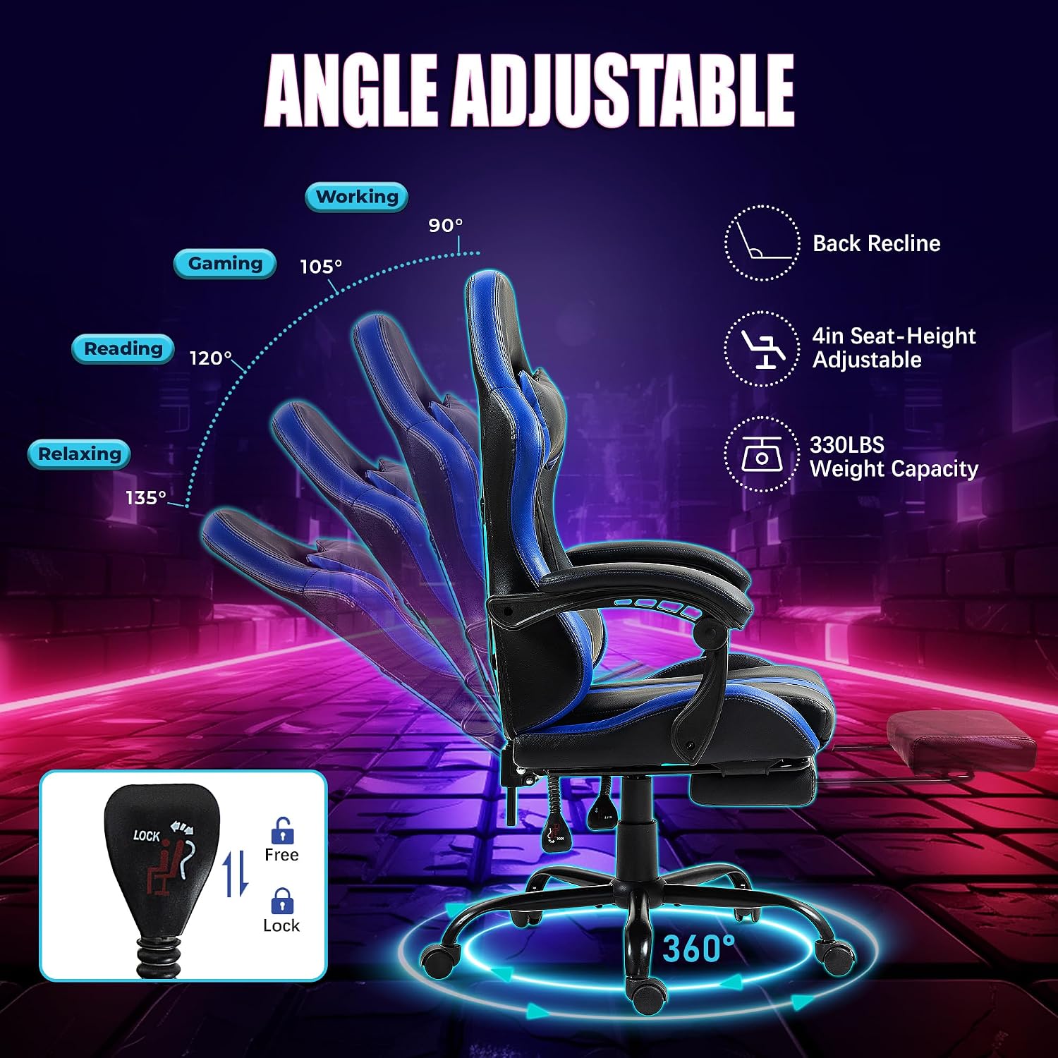 Massage Gaming Chair with Footrest, Ergonomic PU Leather Computer Chair w/Headrest and Lumbar, Height Adjustable, 360° Swivel Desk Office Chair, Blue