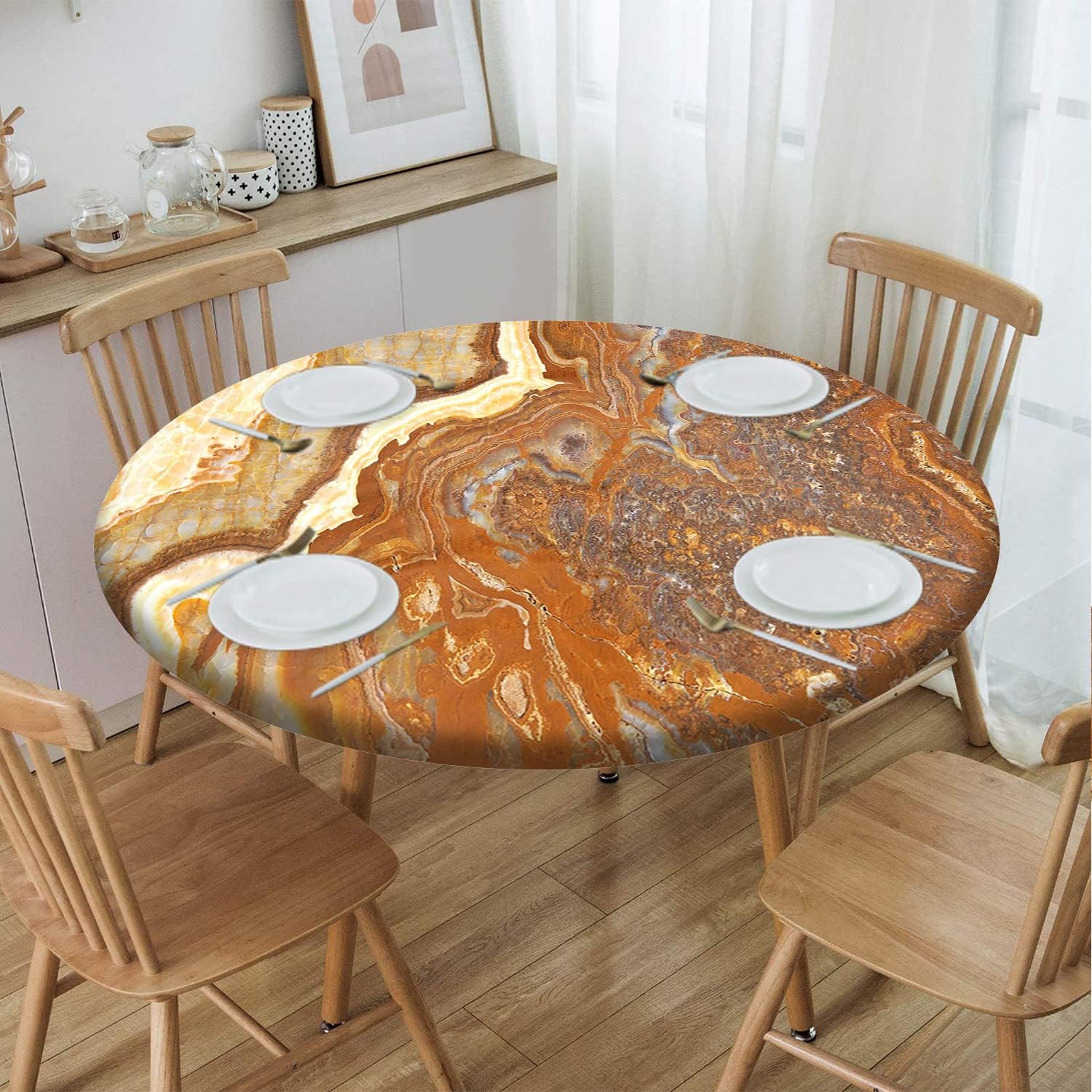Marble Pattern Round Fitted Tablecloth,Elastic Edge,Suitable for Catering and Kitchen Can Wipe Dining Round Table coverr,for 57" to 68" Round Tables(Cinnamon Earth Yellow)
