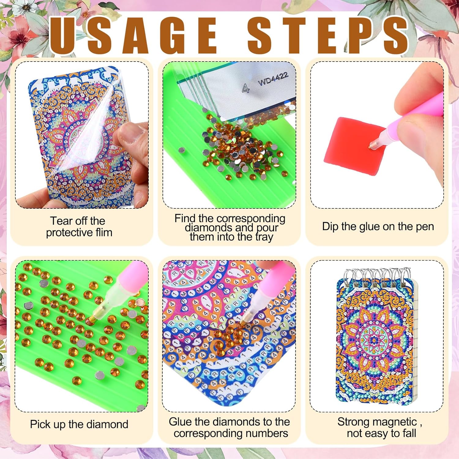 Frienda 12 Pcs Mandala Diamond Painting Notebook Kits for Adults DIY Mandala Diamond Art Journal Notebooks 5d Flower Gem Dots Cover Notepad Gift Set Journal Art Crafts Accessories with Tools