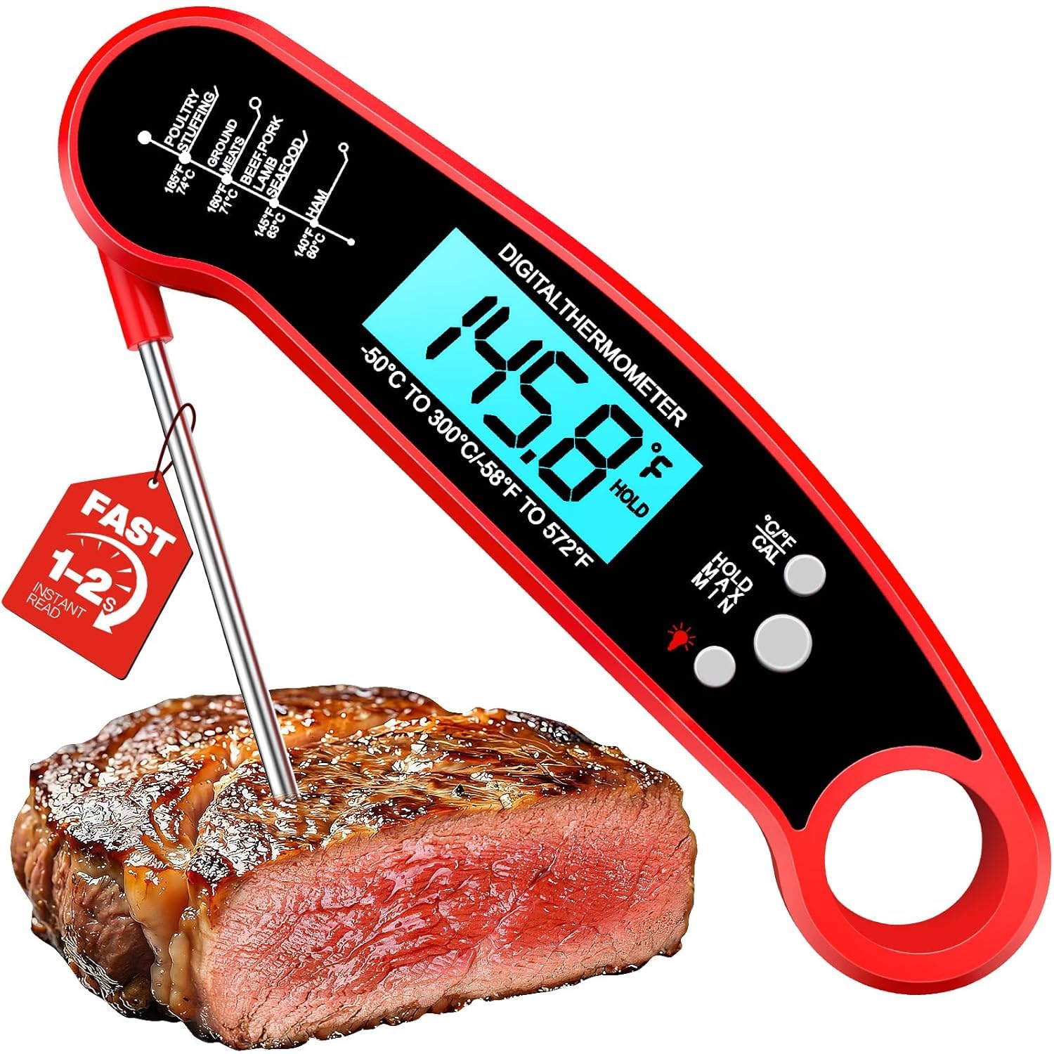 Digitales Fleischthermometer klappbar – Grillthermometer, Bratenthermometer, Küchenthermometer – Wasserdicht, LCD-Backlight, 2-3s Sofortablesung – Küche, Grillen, Backen, Milch & Thermometer Kochen