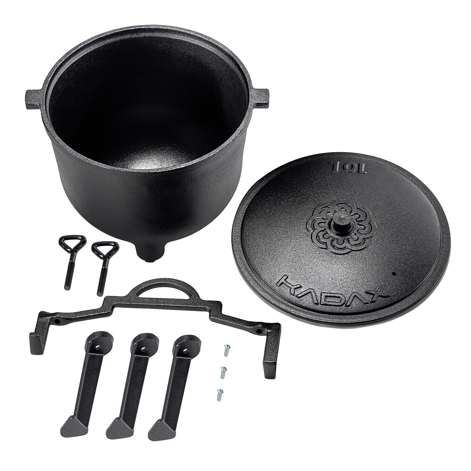 KADAX Jagdkessel 10L, olla de hierro fundido con pies, olla de cocción lenta de hierro fundido, Dutch Oven para jardín, fogata, camping, barbacoa, olla de fuego con tapa