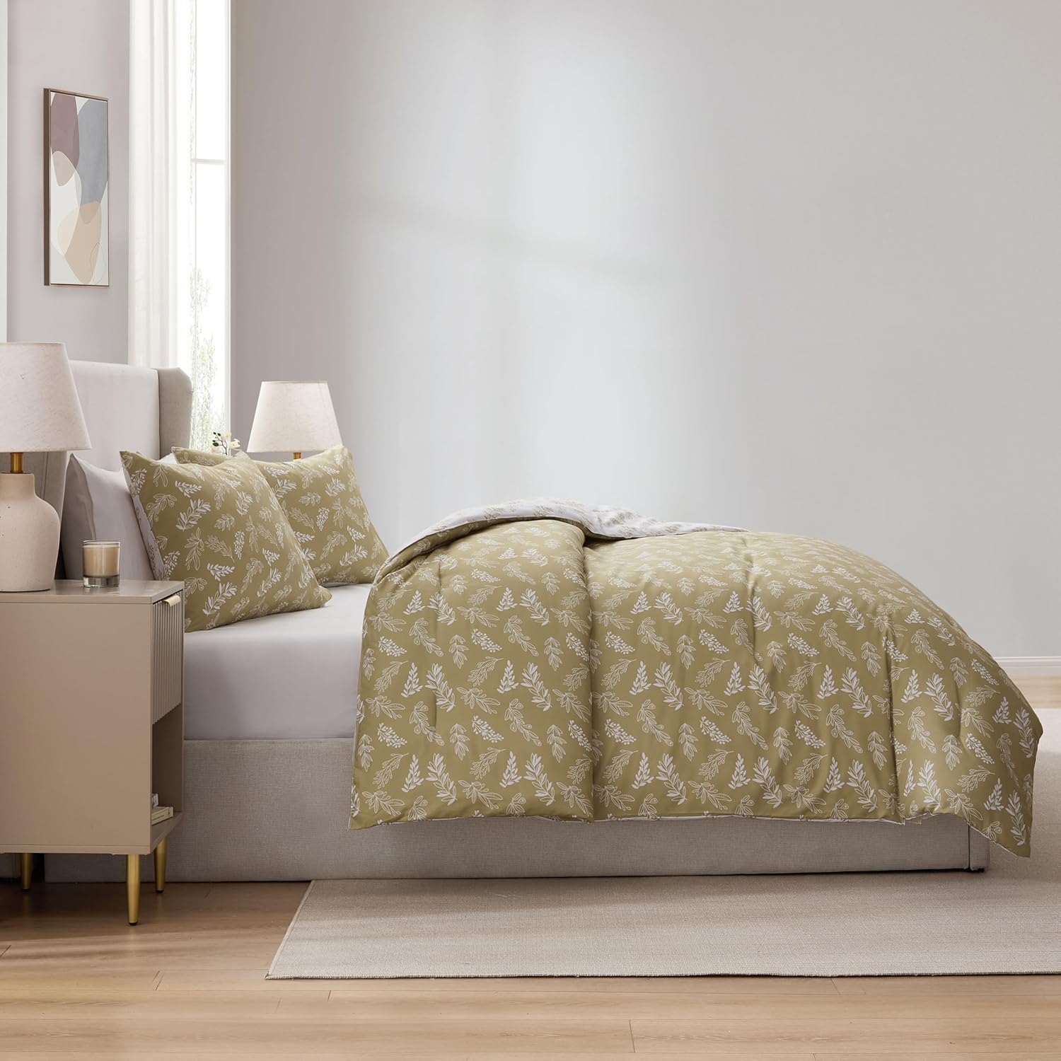 Nestl Queen Comforter Set - Olive Green Bed in a Bag Queen Size, 3 Pieces Reversible Bed Set, Soft Floral Bedding Set, All Season Botanical Comforters with Pillow Shams