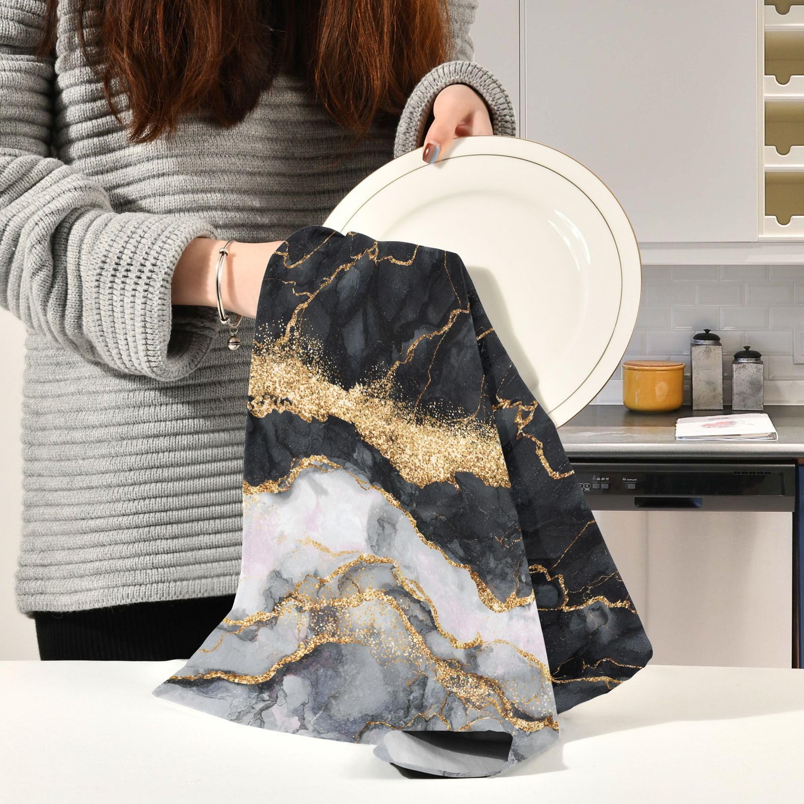 Toallas de cocina de mármol negro dorado, ultra absorbentes, secado rápido, paños de cocina de 28 x 18 pulgadas para cocinar hornear, limpieza del hogar, juego de 4