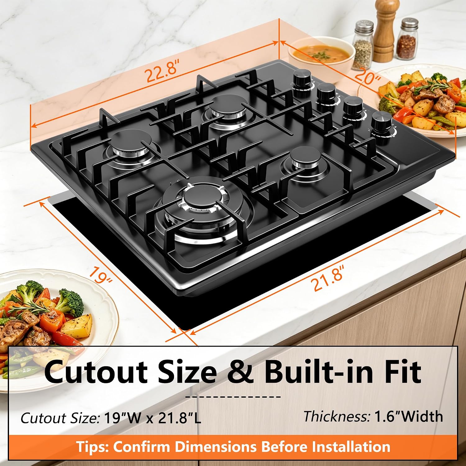 Gas Stove 4 Burner,Propane Cooktop 30 Inch–4 SABAF Sealed Burner Gas Stovetop with 4 ft Cord Plug, Cast Iron Grates & Metal Knobs, 28,300 BTU NG/LPG Convertible, Thermocouple Protection for Kitchen RV