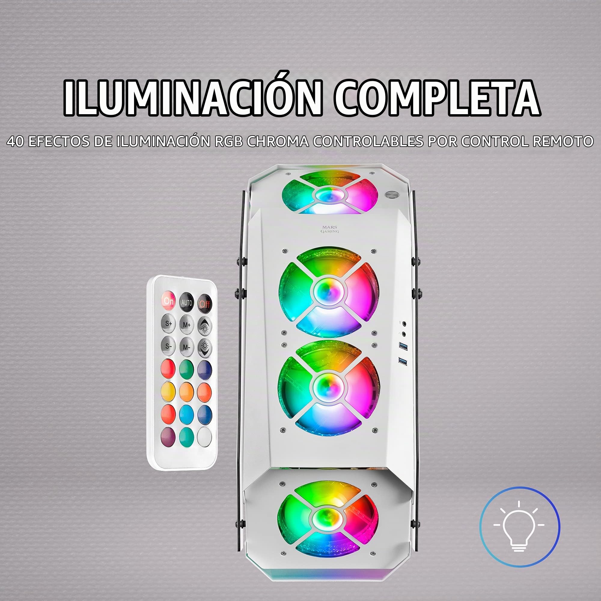 Mars Gaming MC51,Torre PC Gaming ATX, 5 Ventiladores 120mm Chroma ARGB, Controladora con Mando, Doble Cristal Templado, Refrigeración Avanzada, Blanco