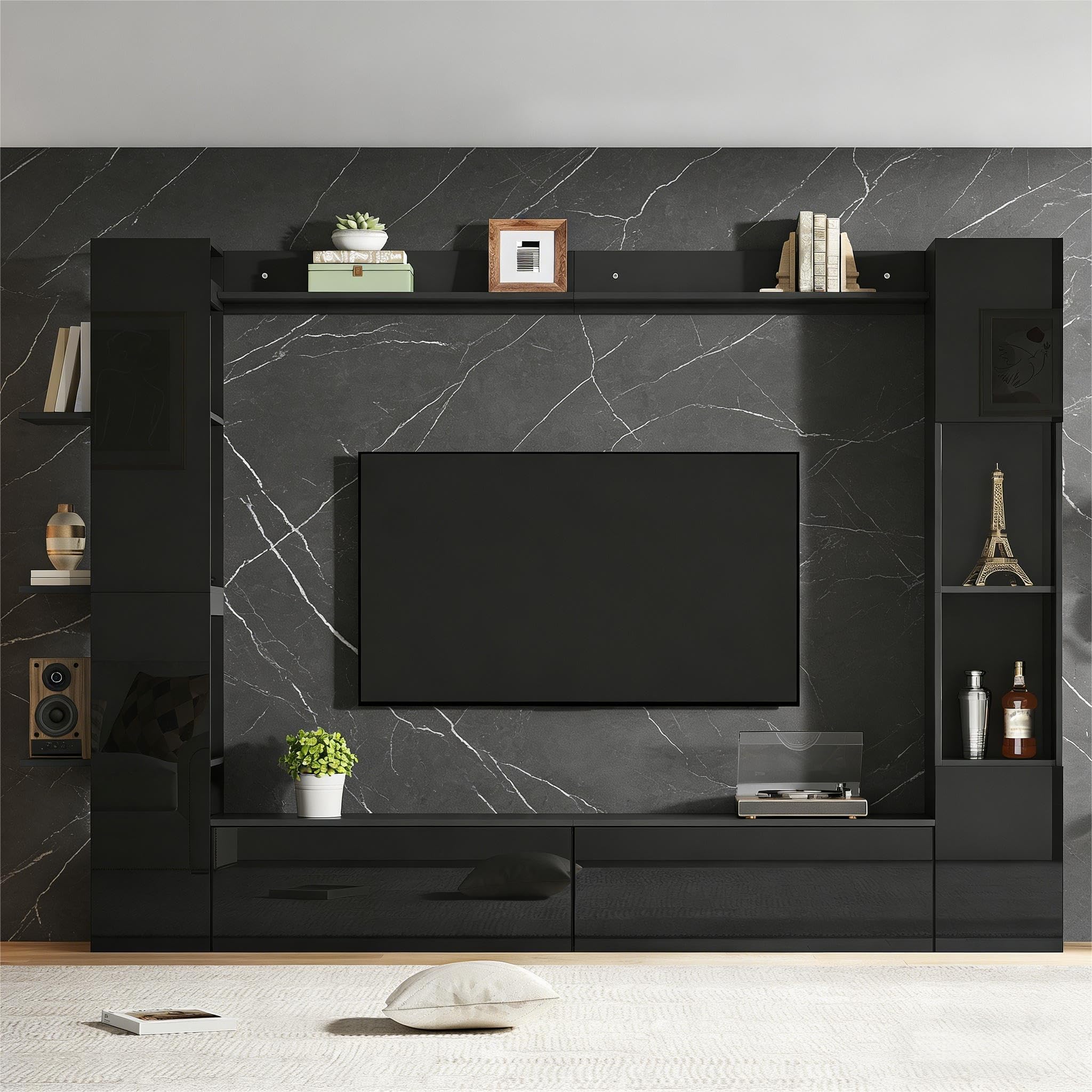 Parete per soggiorno, vetrina, porta intercambiabile, set da 4 pezzi, parete compatta con molto spazio di archiviazione, armadietto TV, vetrina, armadietto di immagazzinaggio, appositamente