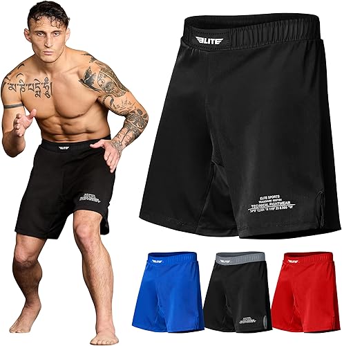 Elite Sports - Shorts de combate para hombre, color negro, para combates MMA, BJJ, Jiu Jitsu