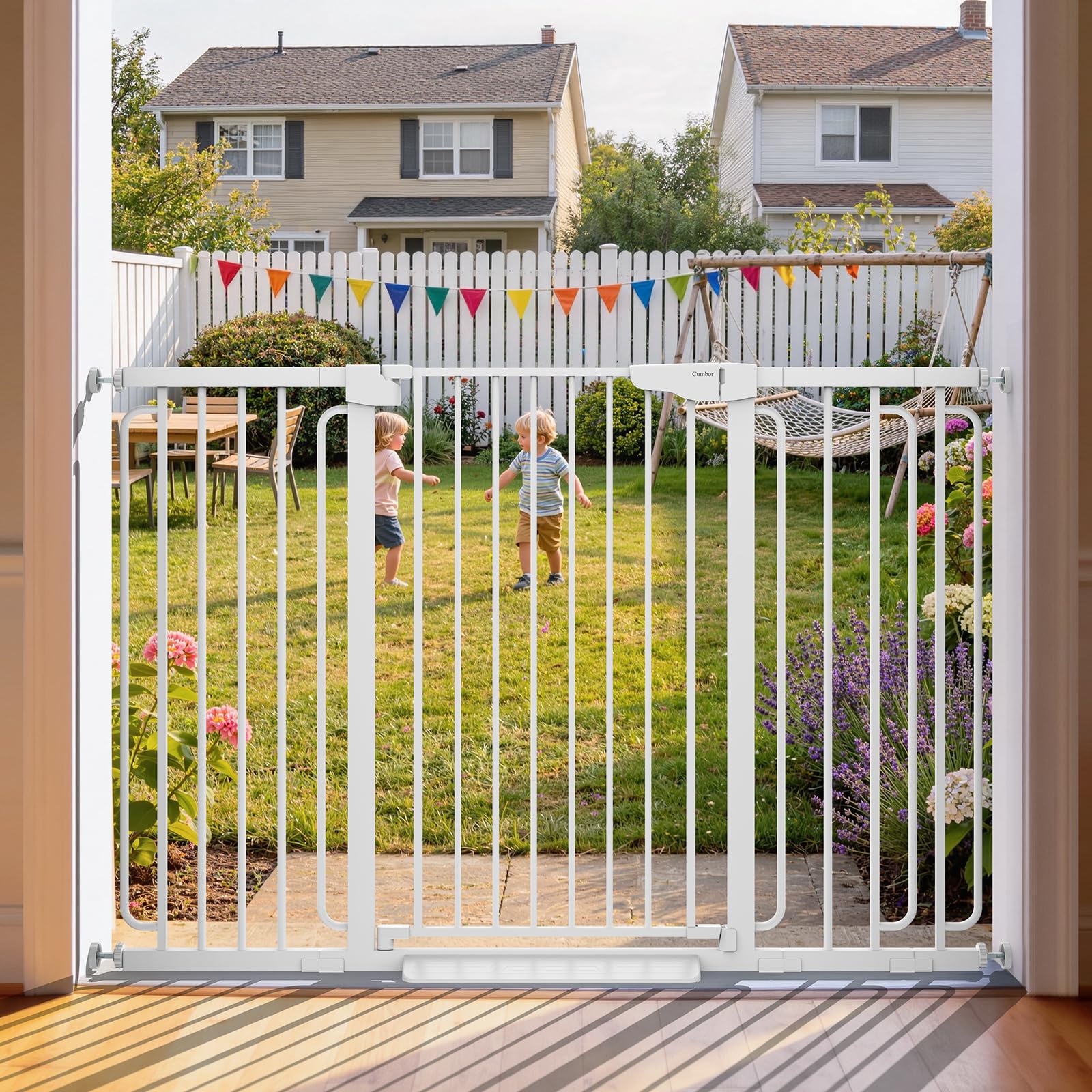 Cumbor 2-Pack Baby & Dog Safety Gates Bundle, 29.7-46" Standard Height & 30.4-56.8" Extra Tall Child Pet Gate, Auto Close Dual Lock Self-Closing, Pressure Mount for Stairs Doorways Hallways, White