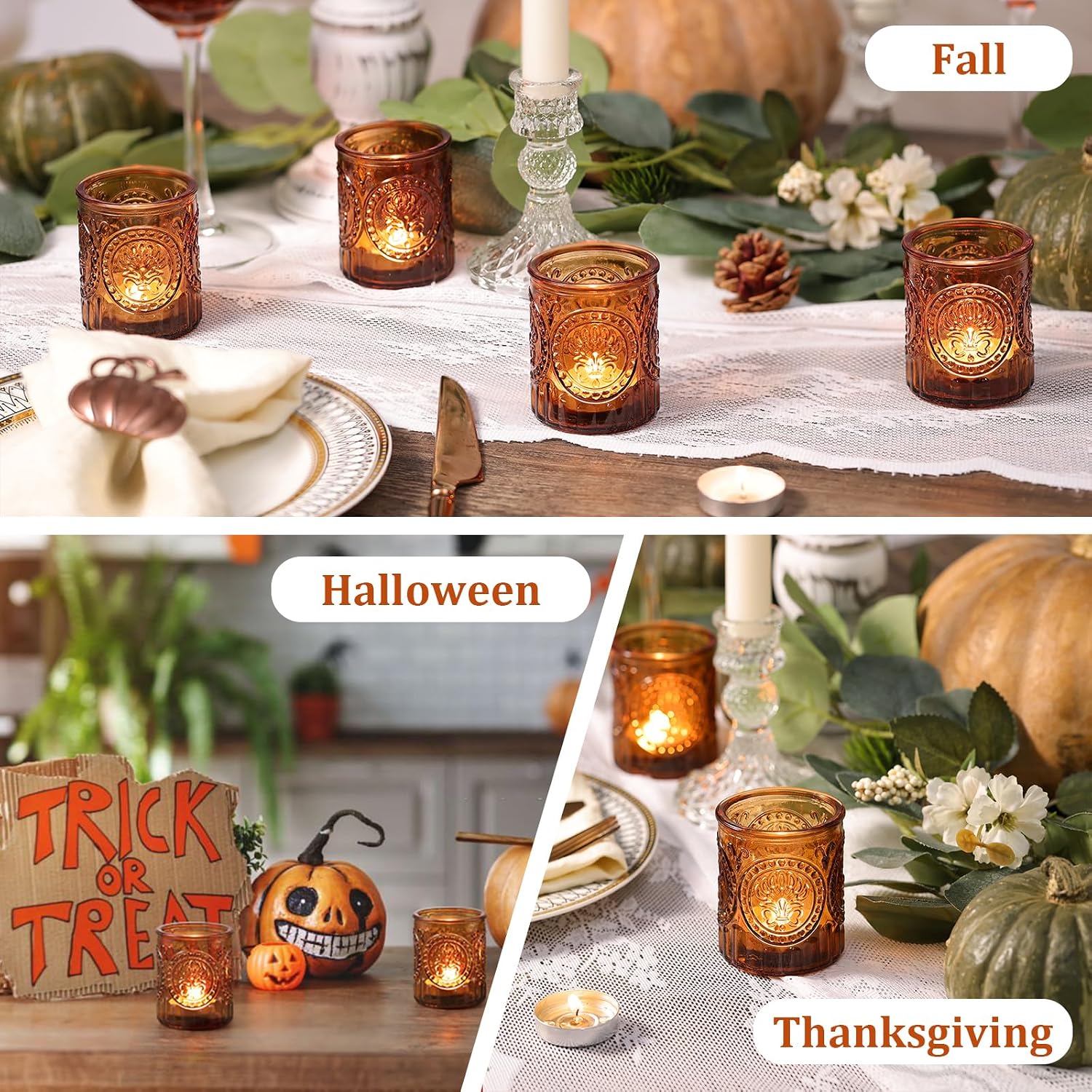 12PCS Amber Votive Candle Holders, Glass Tea Lights Candle Holder Vintage Candle Holders Bulk for Table Centerpieces, Fall, Christmas Decor