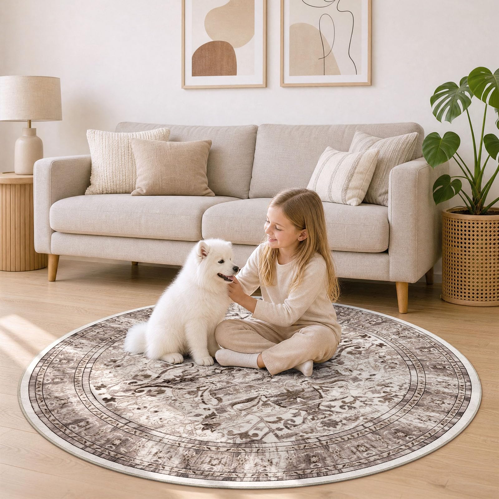smiry Vintage Round Rugs Living Room 160 x 160 cm Carpet Brown