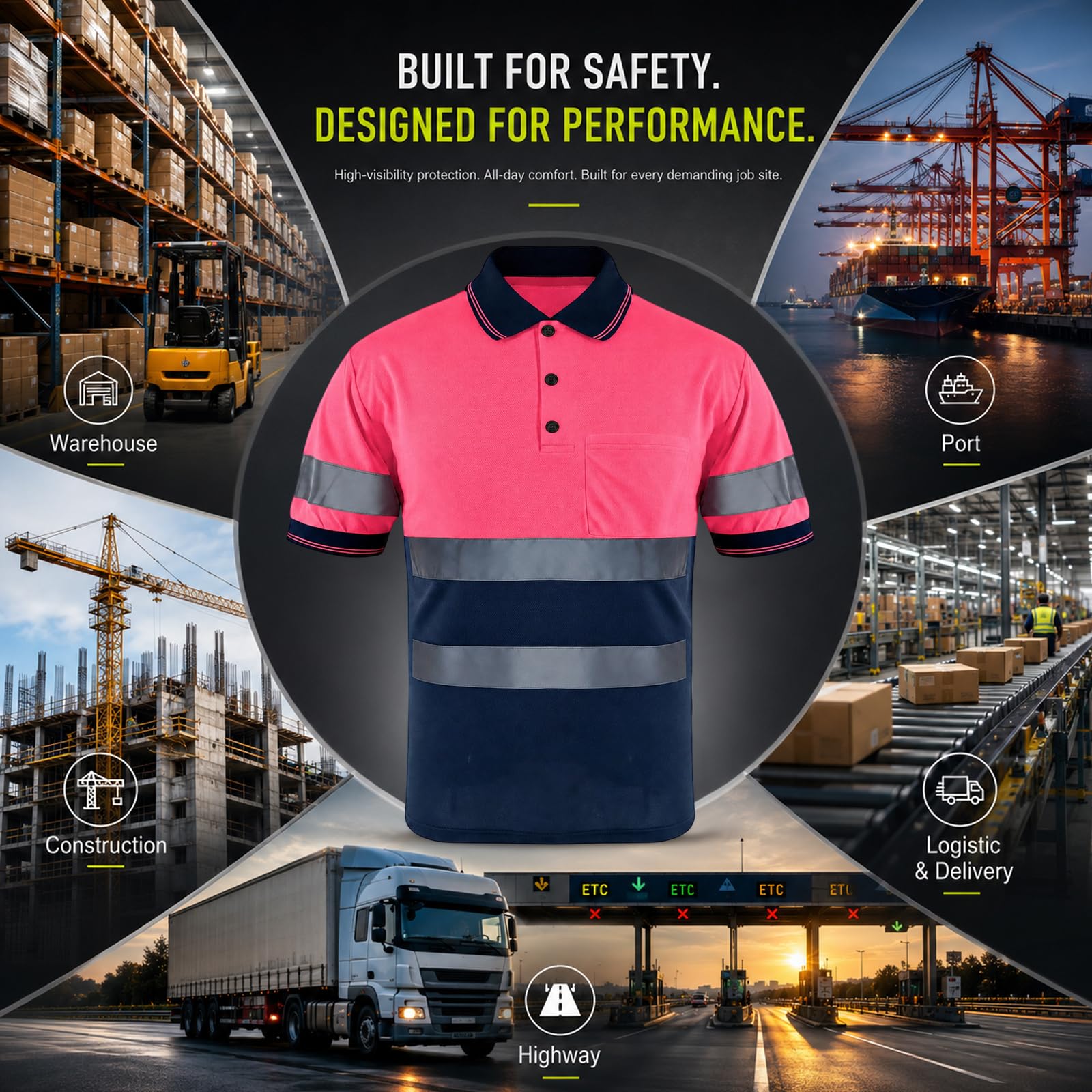 SMASYS Polo de seguridad, construcción reflectante, ropa de trabajo de alta visibilidad, camisetas con bolsillos para mujeres y hombres, rosa- azul marino, 5XL