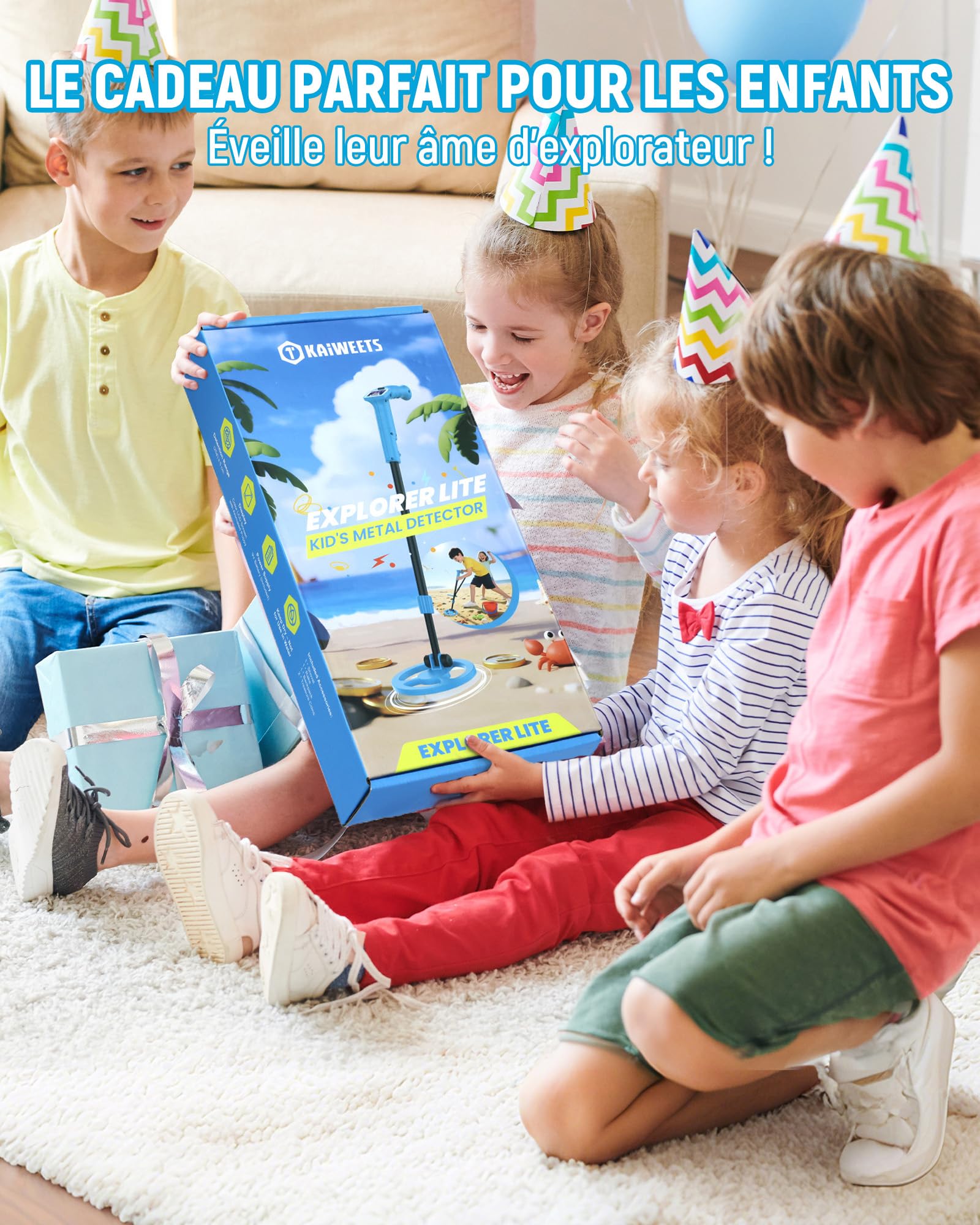 KAIWEETS Détecteur de Métaux pour Enfants, Écran LCD Couleur Animé & Tige Réglable, Détecteur d’Or Léger avec Sac à Dos, Pelle, Râteau et Pièces Bonus – Idéal comme Cadeau d’Anniversaire