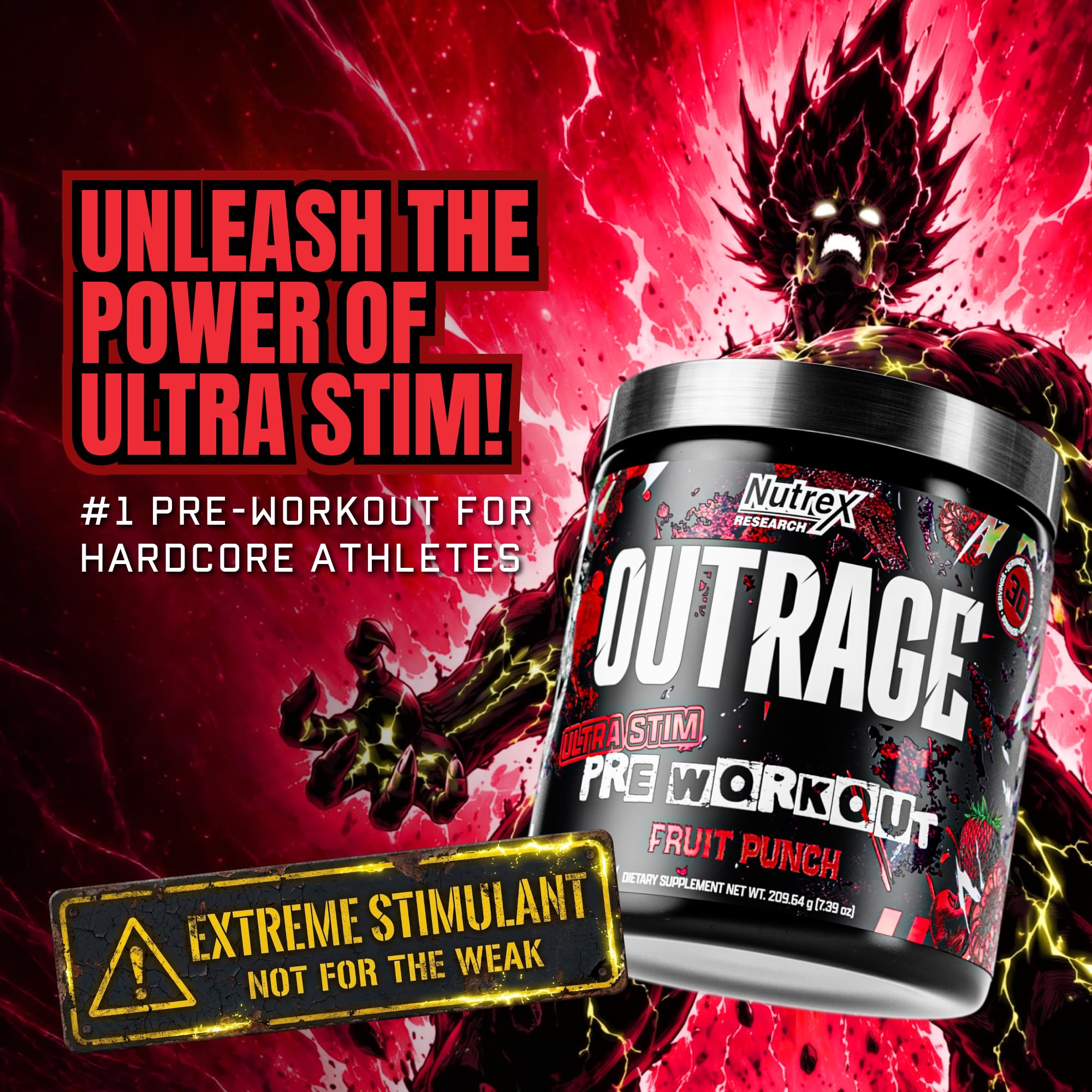 Outrage Ultra HIGH STIM Pre-Workout Powder for Men Fruit Punch | 400mg Caffeine, L-Citrulline, Beta-Alanine, Creatine | Extreme Energy, Focus, Strength & Endurance | 30 Servings — Amazon image 2
