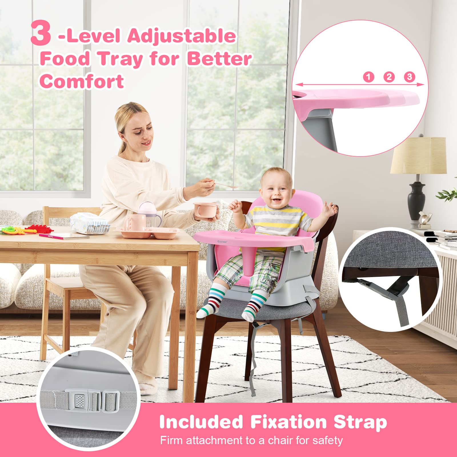 RELAX4LIFE 6 en 1 Trona Bebé con Arnes de 5 Puntos y Cojín Desmontables, Tronas de Bebe Portátil con Bandeja Ajustable y Extraíble, Mesa y Silla Infantil para Niños 6+ Meses, Carga 25kg (Rosa)
