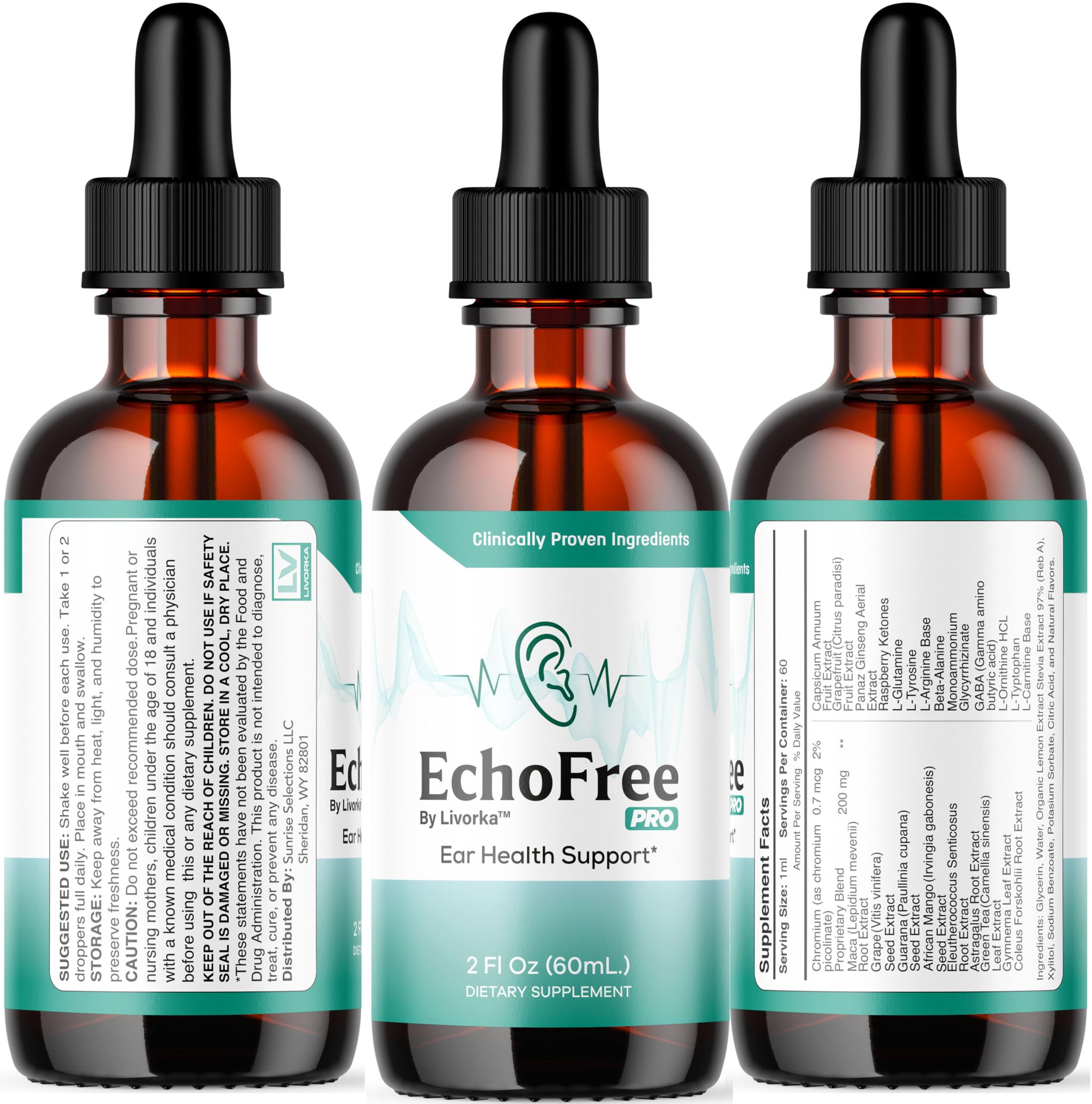 (paquete de 2) Echo Free Drops: Natural Support, suplemento EchoFree Pro Ear Health Support, gotas líquidas, EchoFree Pro Healthy Ear Vitamin Premium, EchoFree Advanced Formula Reviews, 2 frascos para 2 meses